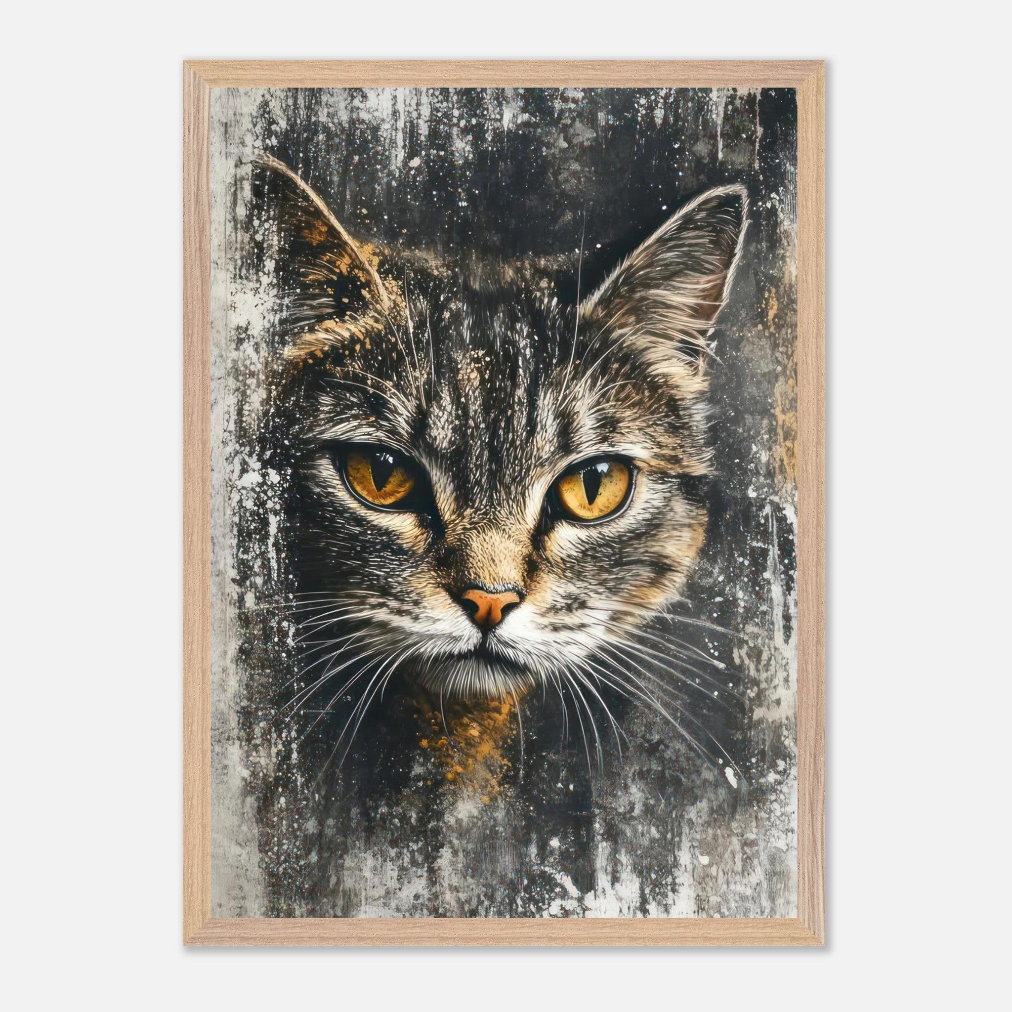 Cat painting artwork featuring a detailed feline face with golden eyes on a textured dark background.