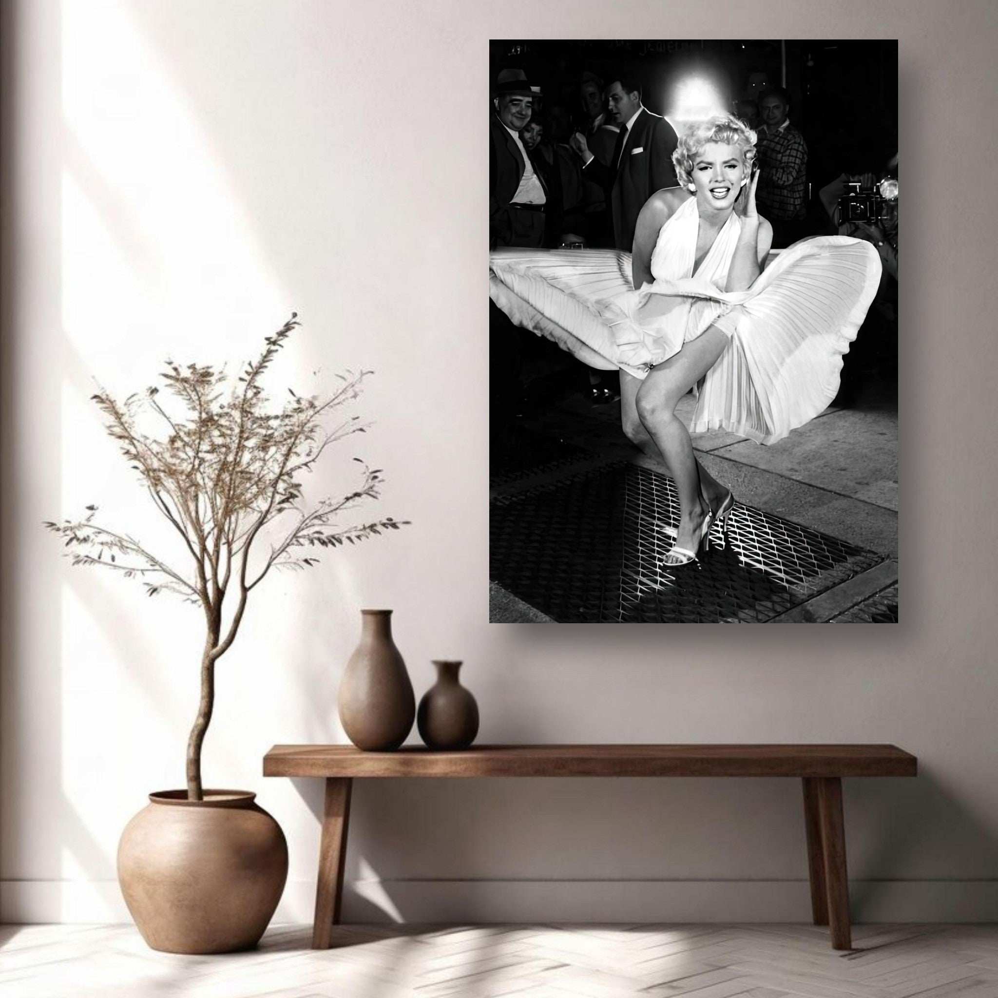 Marilyn Monroe iconic white dress wind-blown photograph metal print showcasing her glamorous persona.