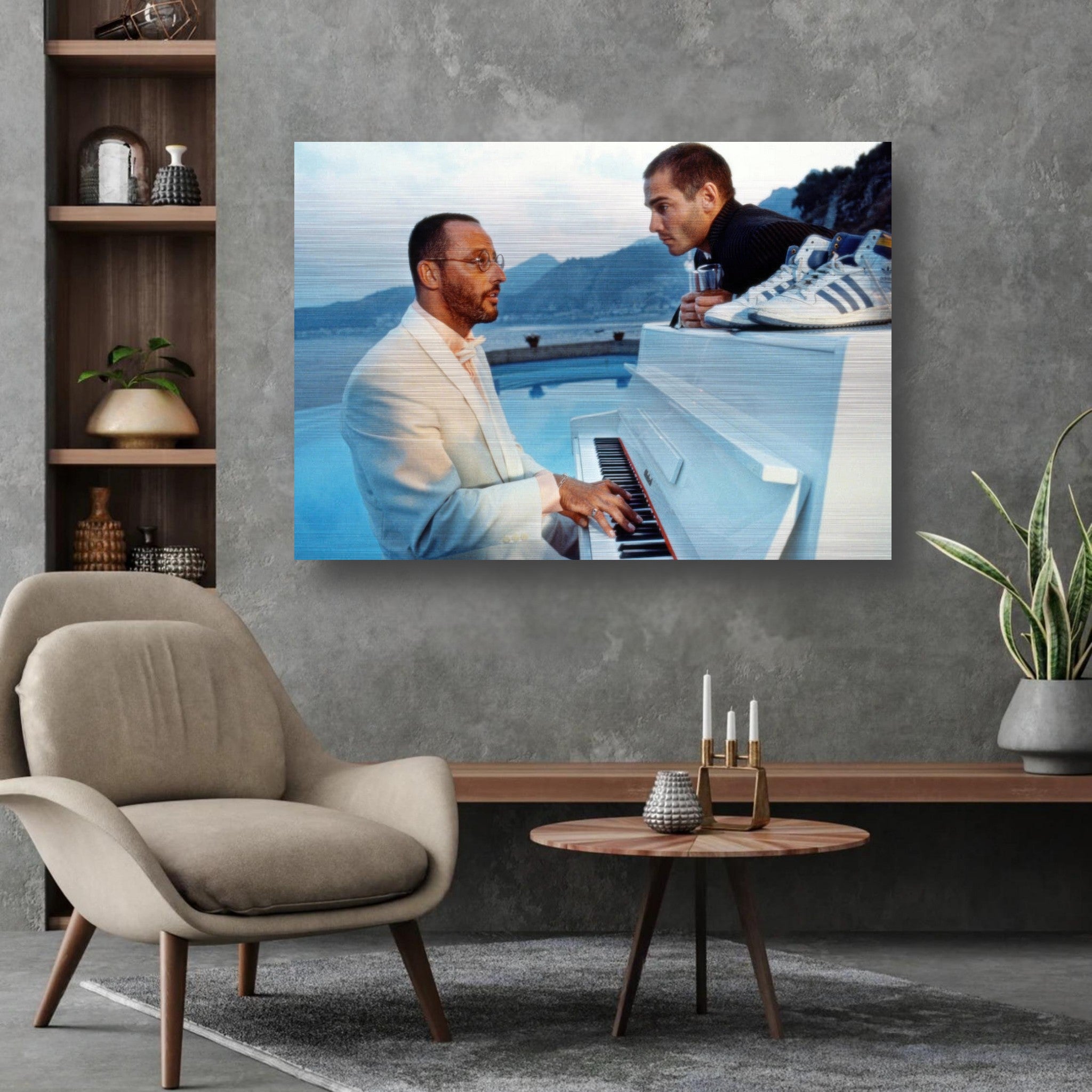 Scene from *The Big Blue* featuring a character playing a piano with a scenic background, showcasing cinematic artistry.