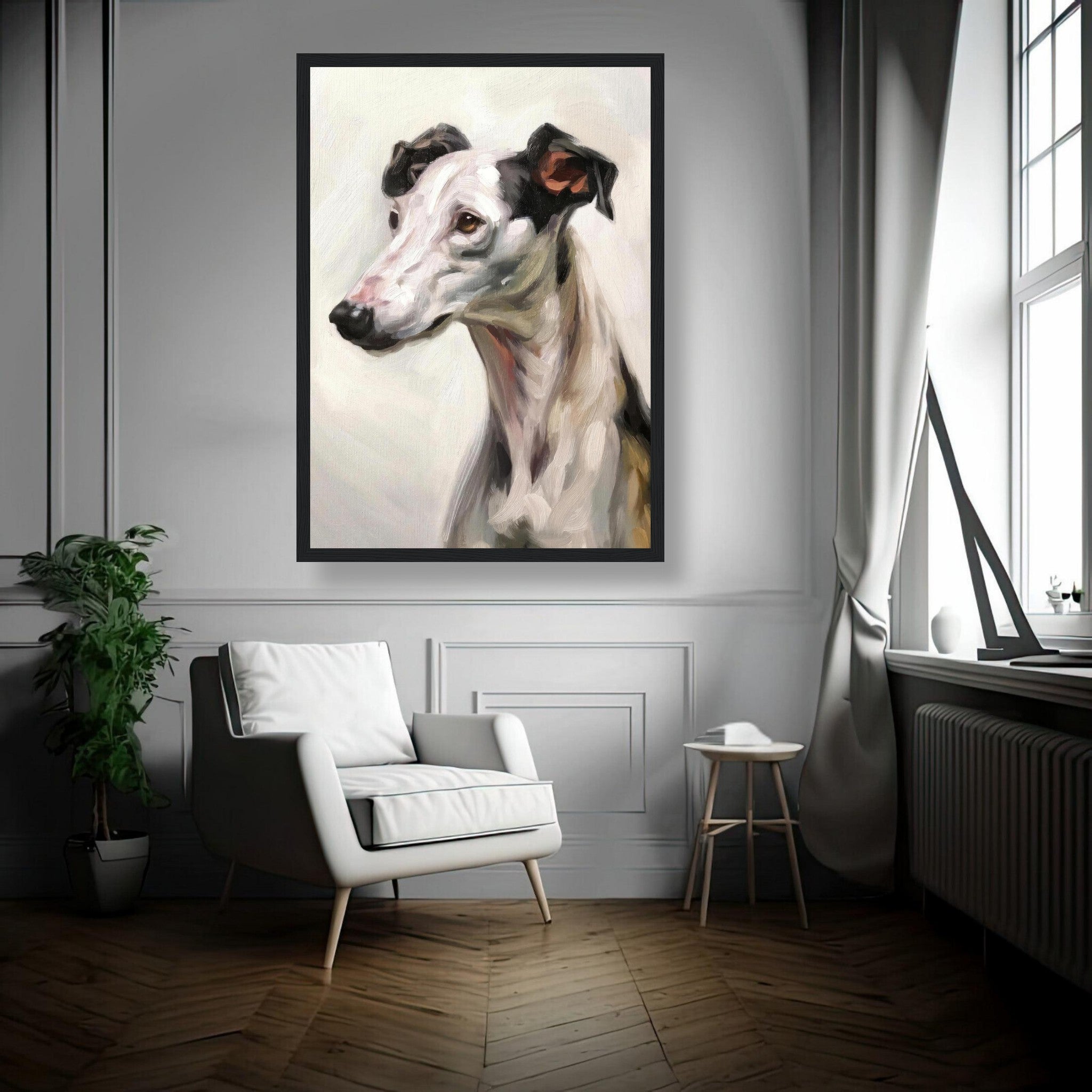Framed painting of a Greyhound dog in a stylish living room, showcasing its elegant features and gentle expression.