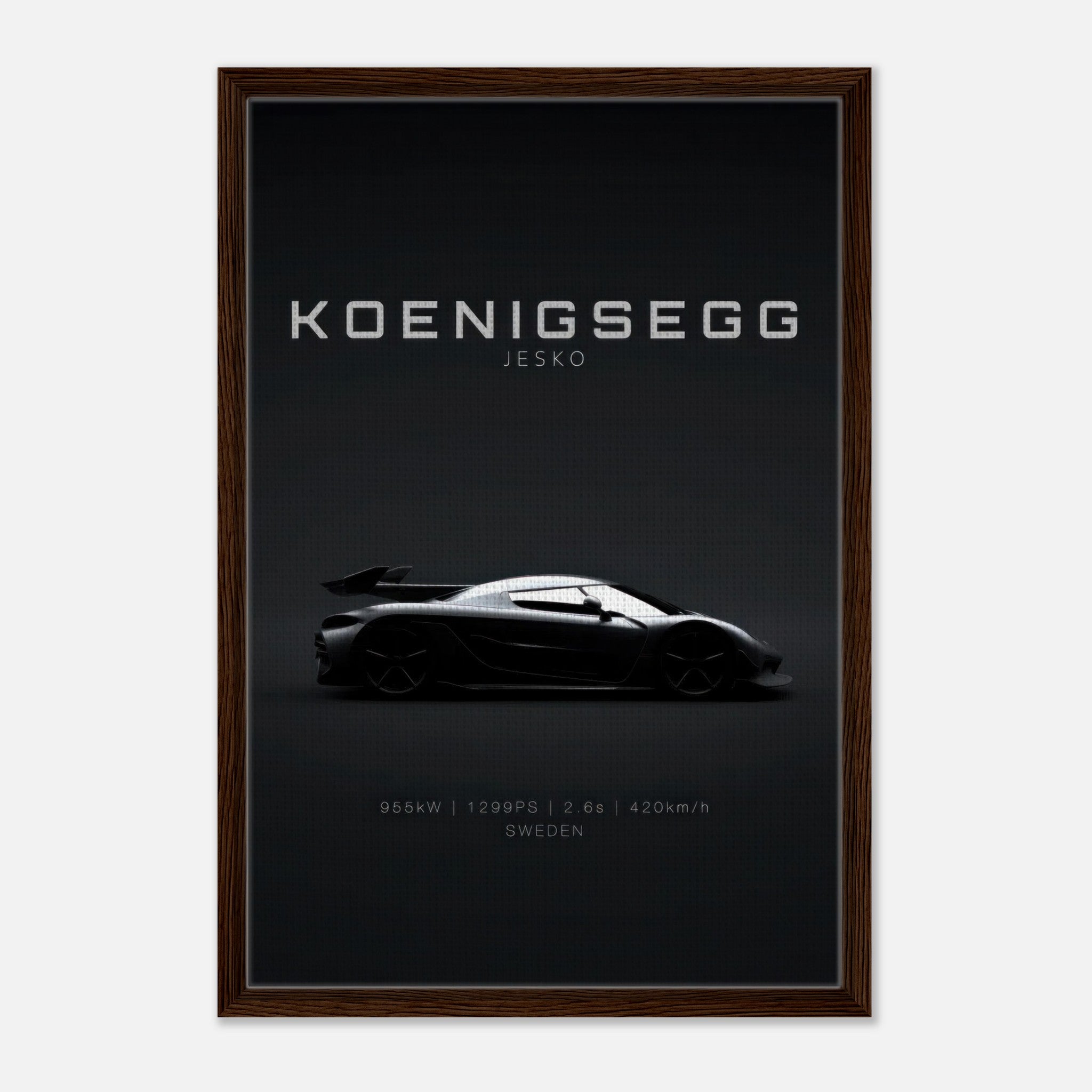 Koenigsegg Jesko Framed Canvas Print showcasing the hypercar's silhouette against a minimalist black background.