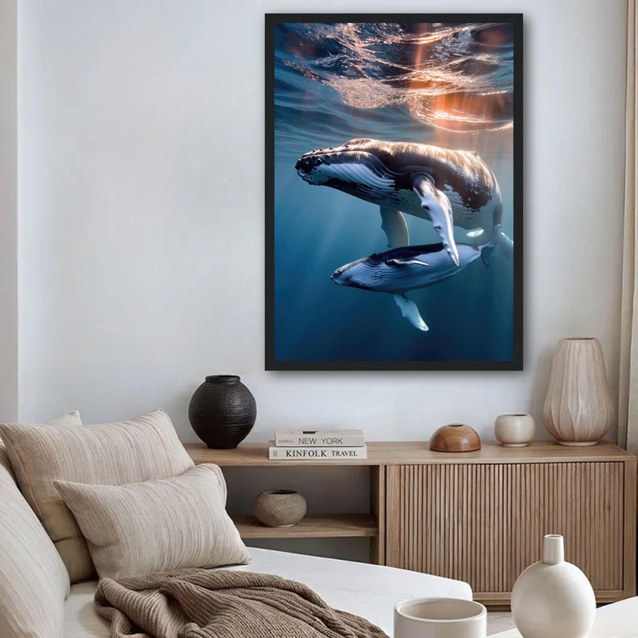 Framed print of underwater photography featuring a humpback whale and calf swimming together in crystal-clear ocean water.