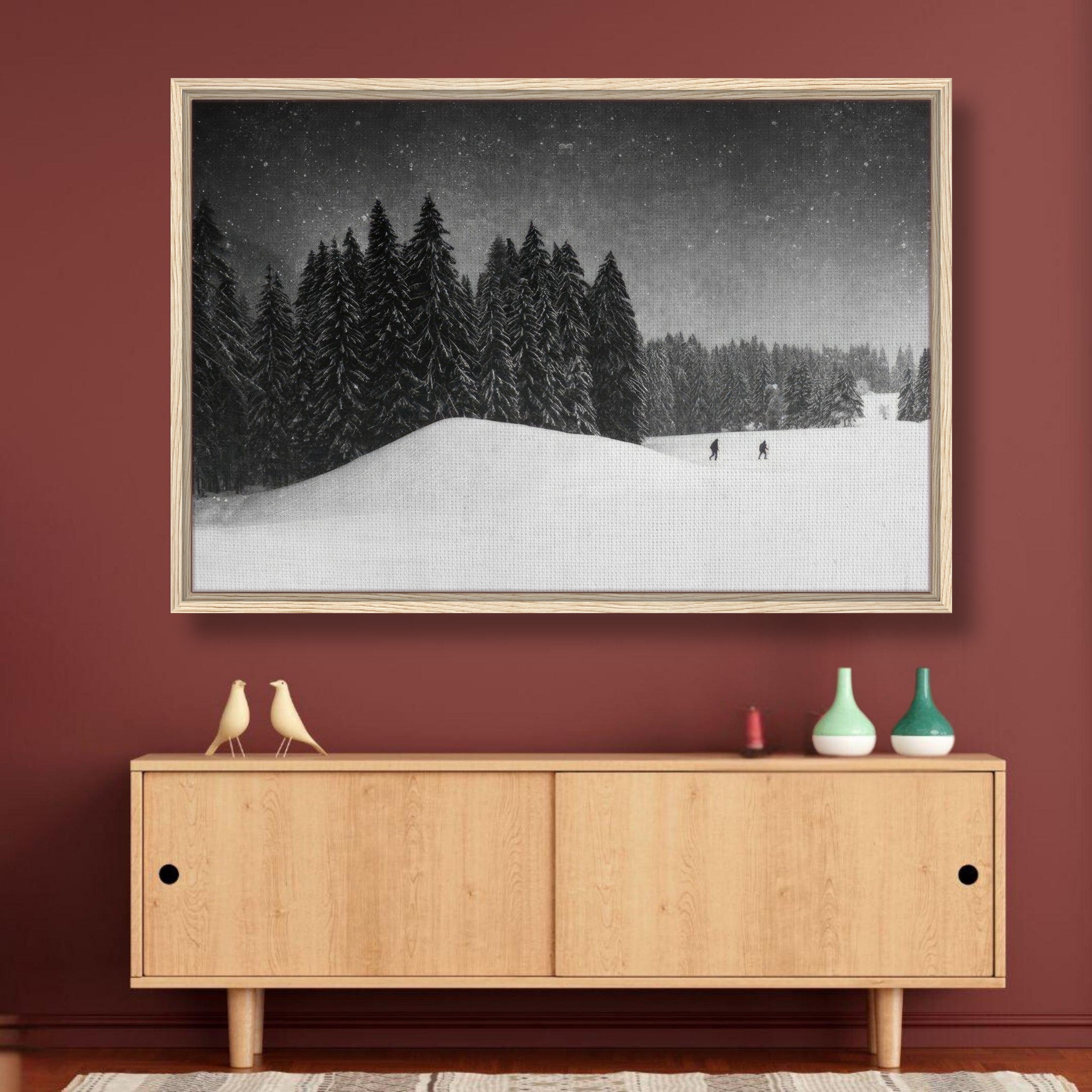 Winter Crossing framed canvas print featuring snow-covered evergreens and a starlit sky, enhancing home decor.