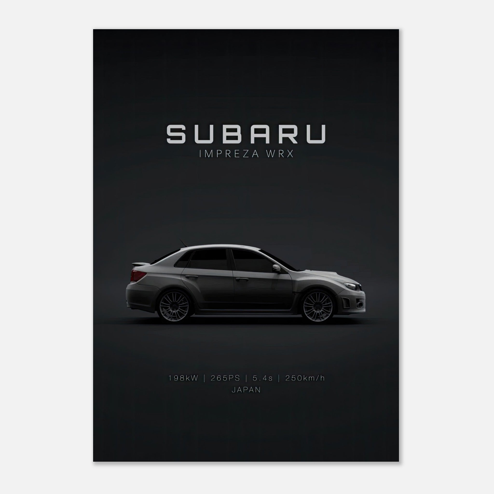 Subaru WRX poster featuring the Subaru Impreza WRX with specs on a dark background, ideal for car enthusiasts.