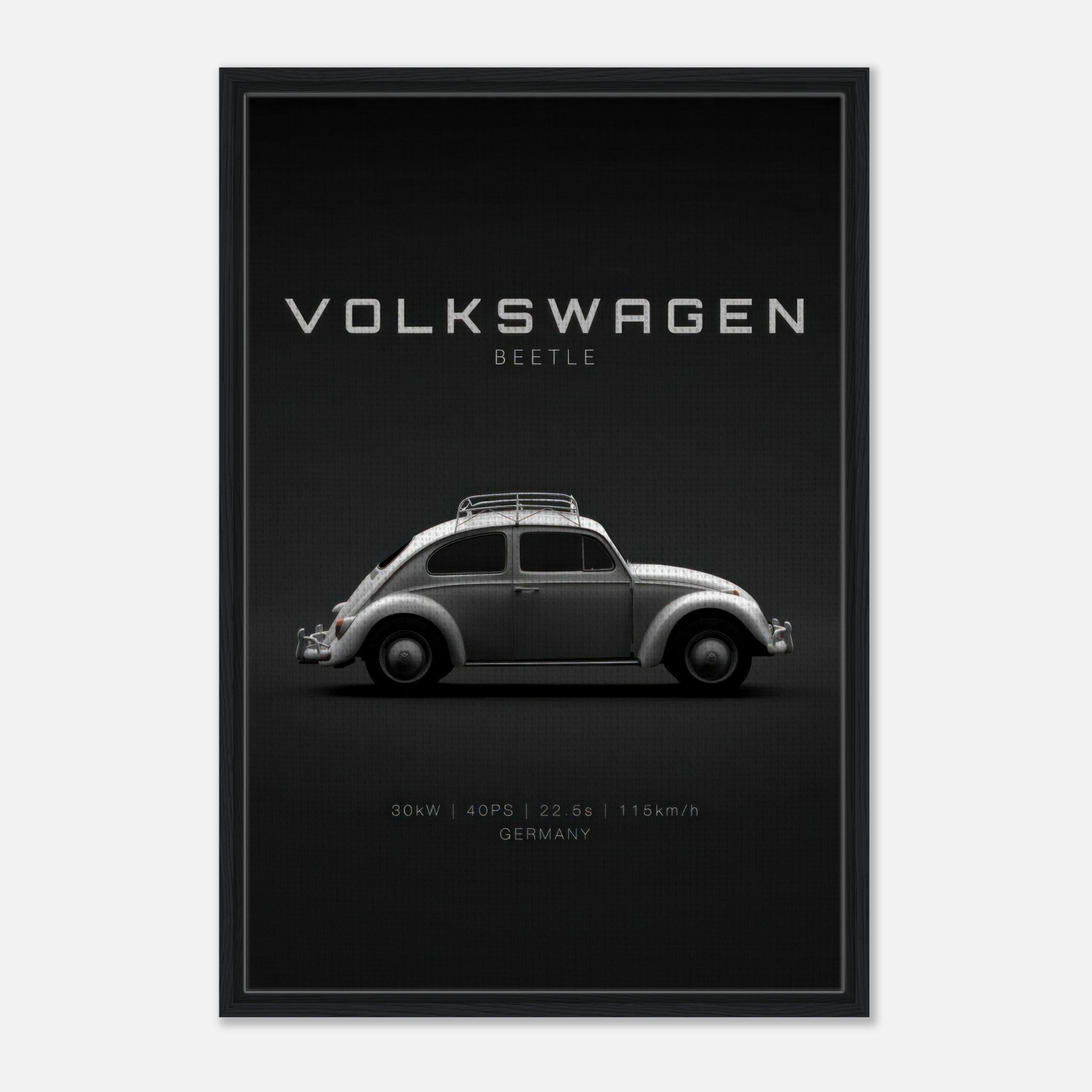 Volkswagen Beetle framed canvas artwork on a sleek black background showcasing retro design details.