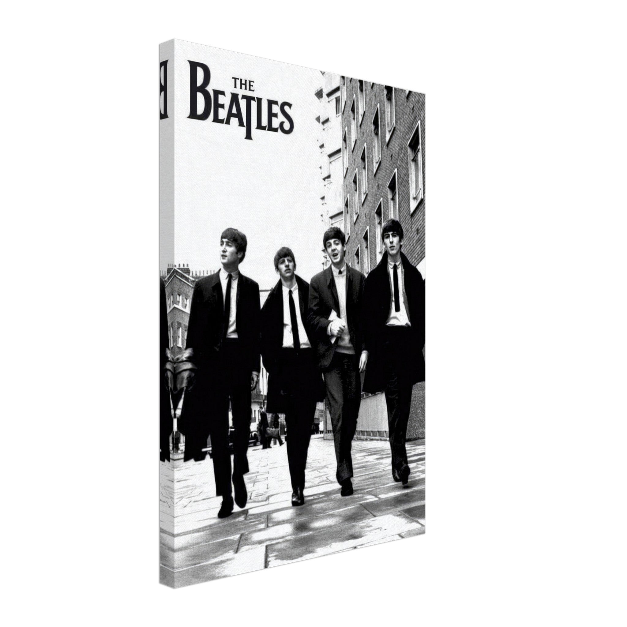 The Beatles Canvas Print featuring the iconic band members walking in black and white.