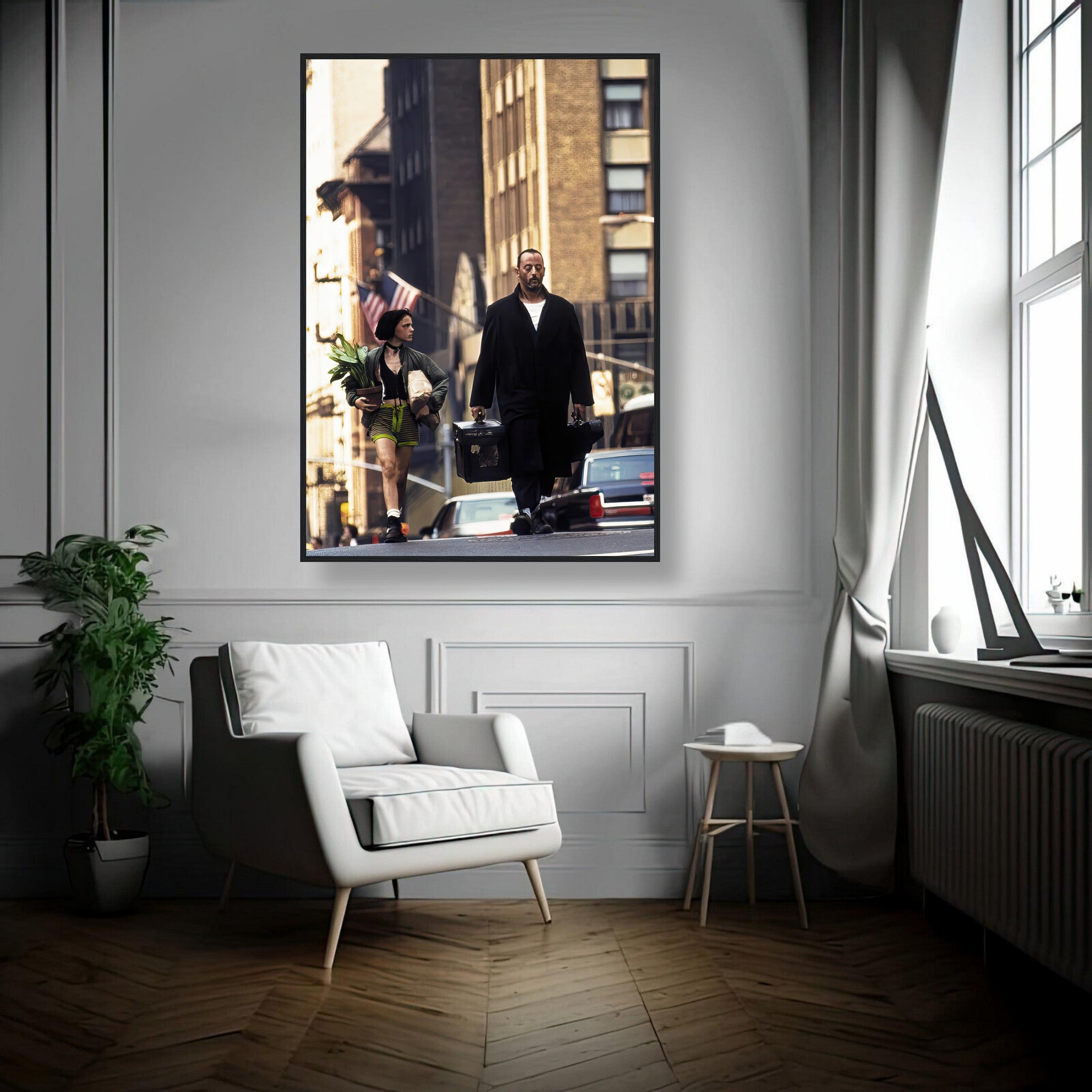 Framed print of Jean Reno and Natalie Portman from *Leon*, capturing their iconic bond in a city backdrop.