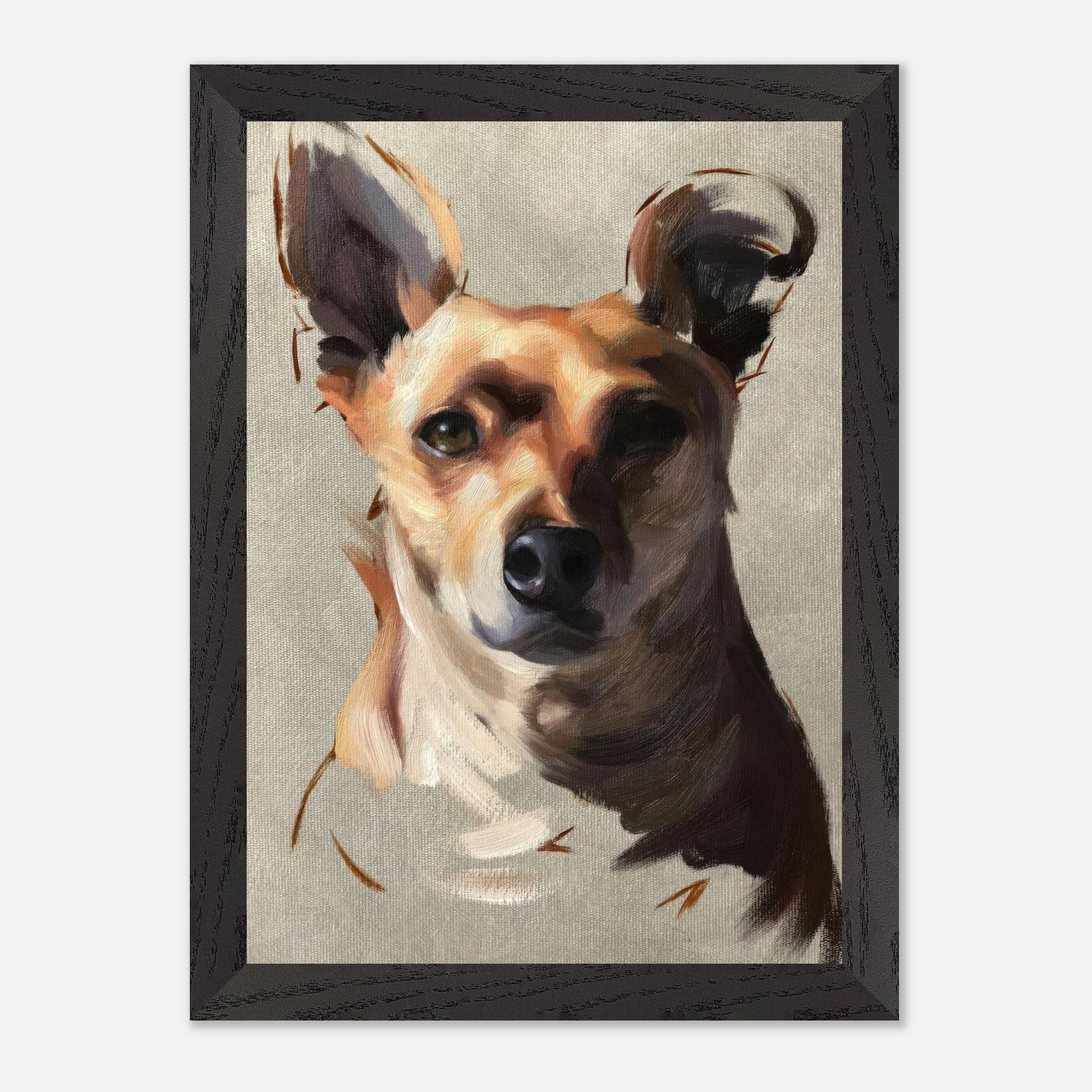 Chihuahua dog painting in vintage frame, colorful brushstrokes capturing the essence of the breed.