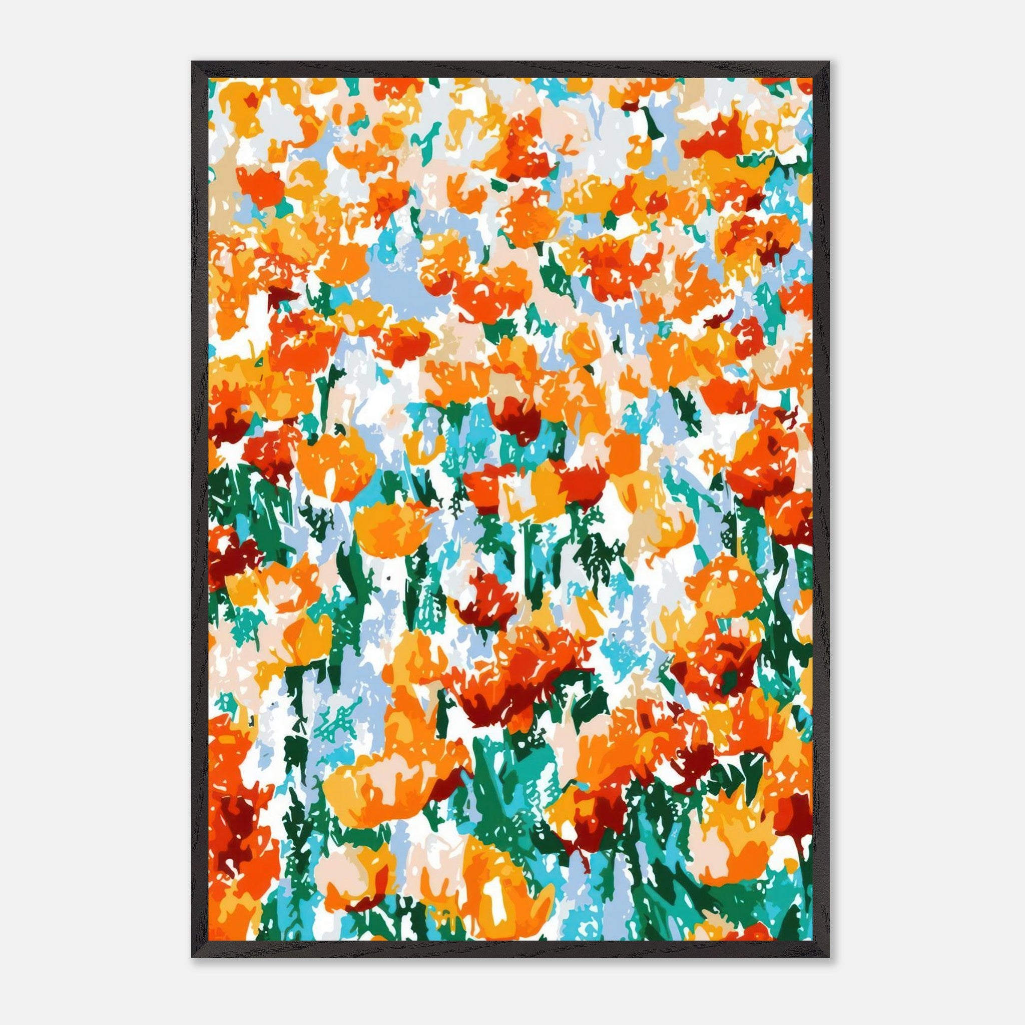 Abstract floral tulip garden print with vibrant orange and yellow tulips, framed for modern decor.