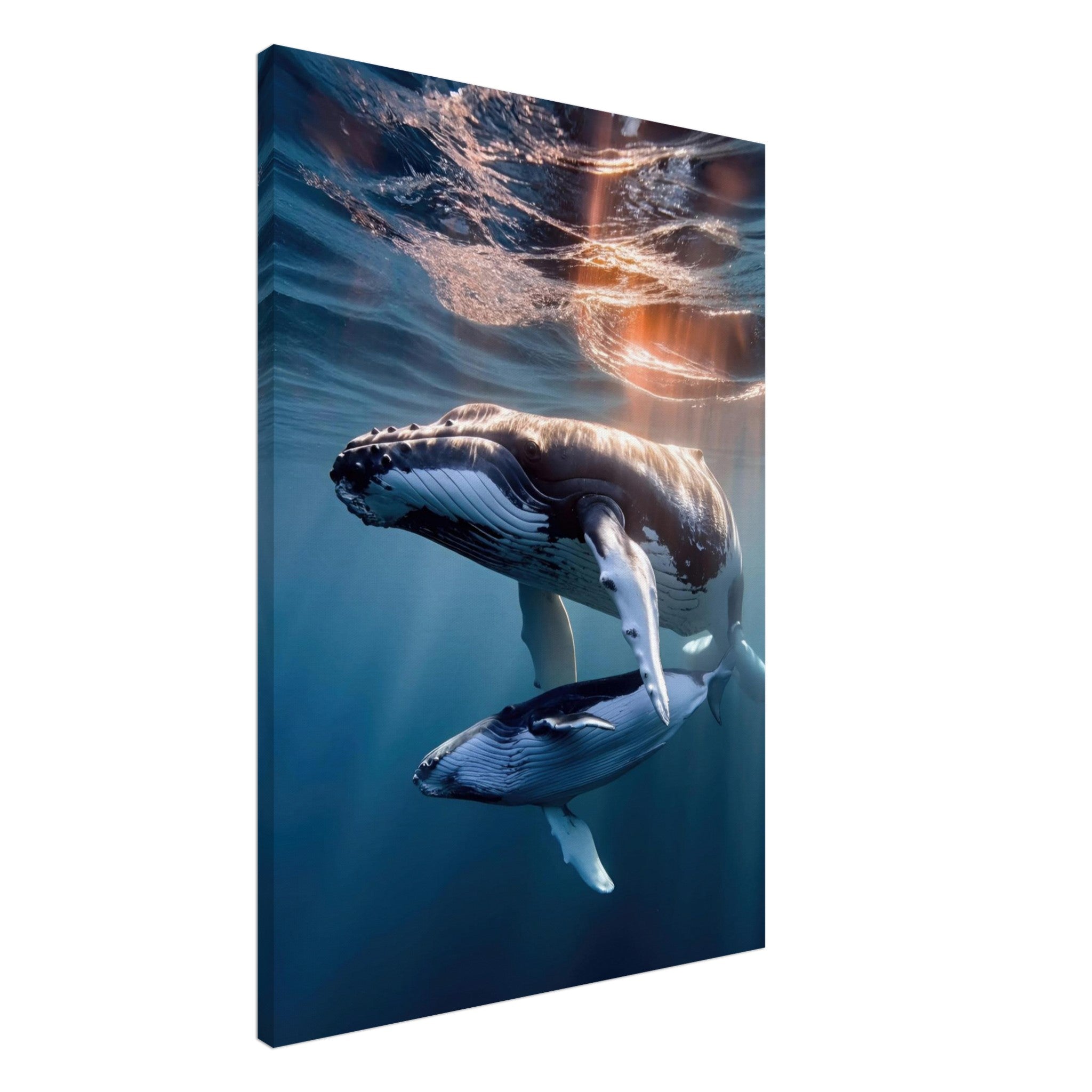 Underwater photography canvas print of a mother humpback whale and her calf swimming gracefully in blue ocean water.