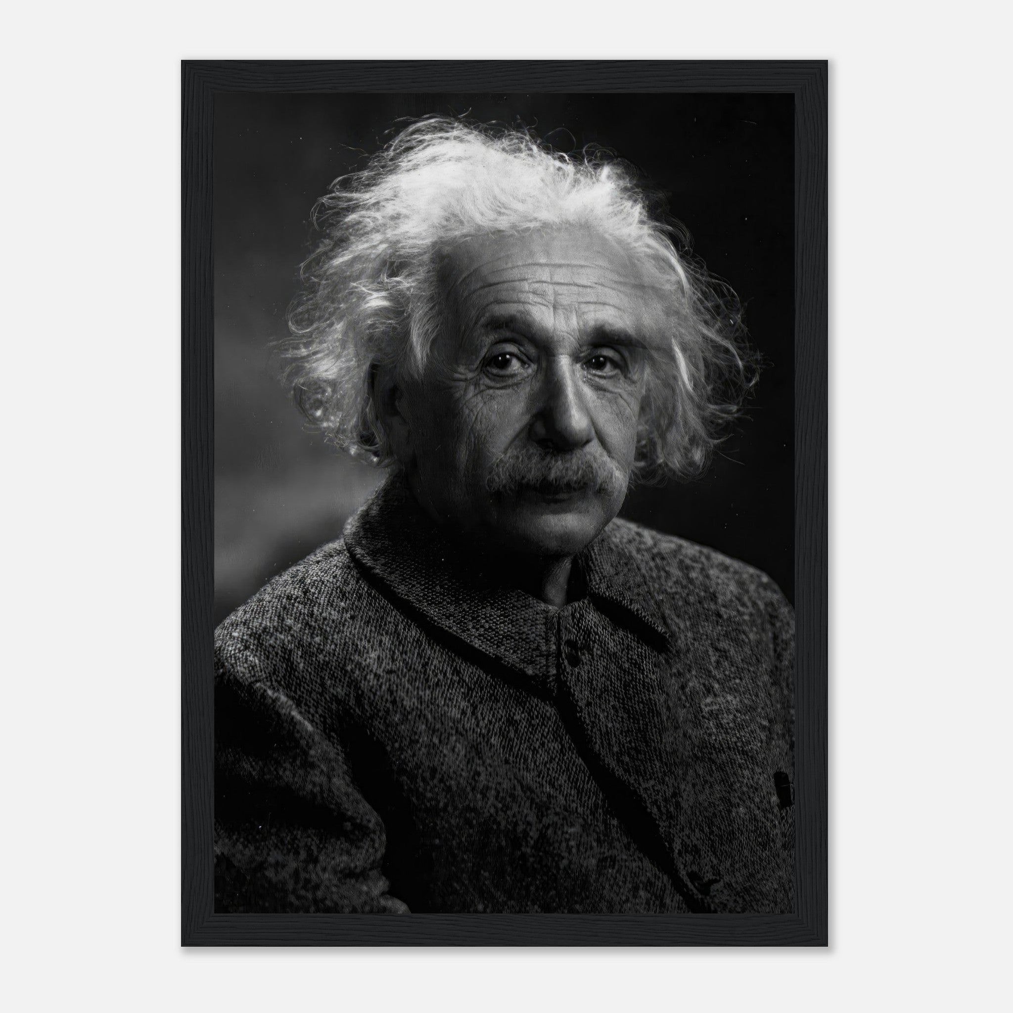 Albert Einstein black-and-white portrait framed print, showcasing his thoughtful expression and iconic hairstyle.