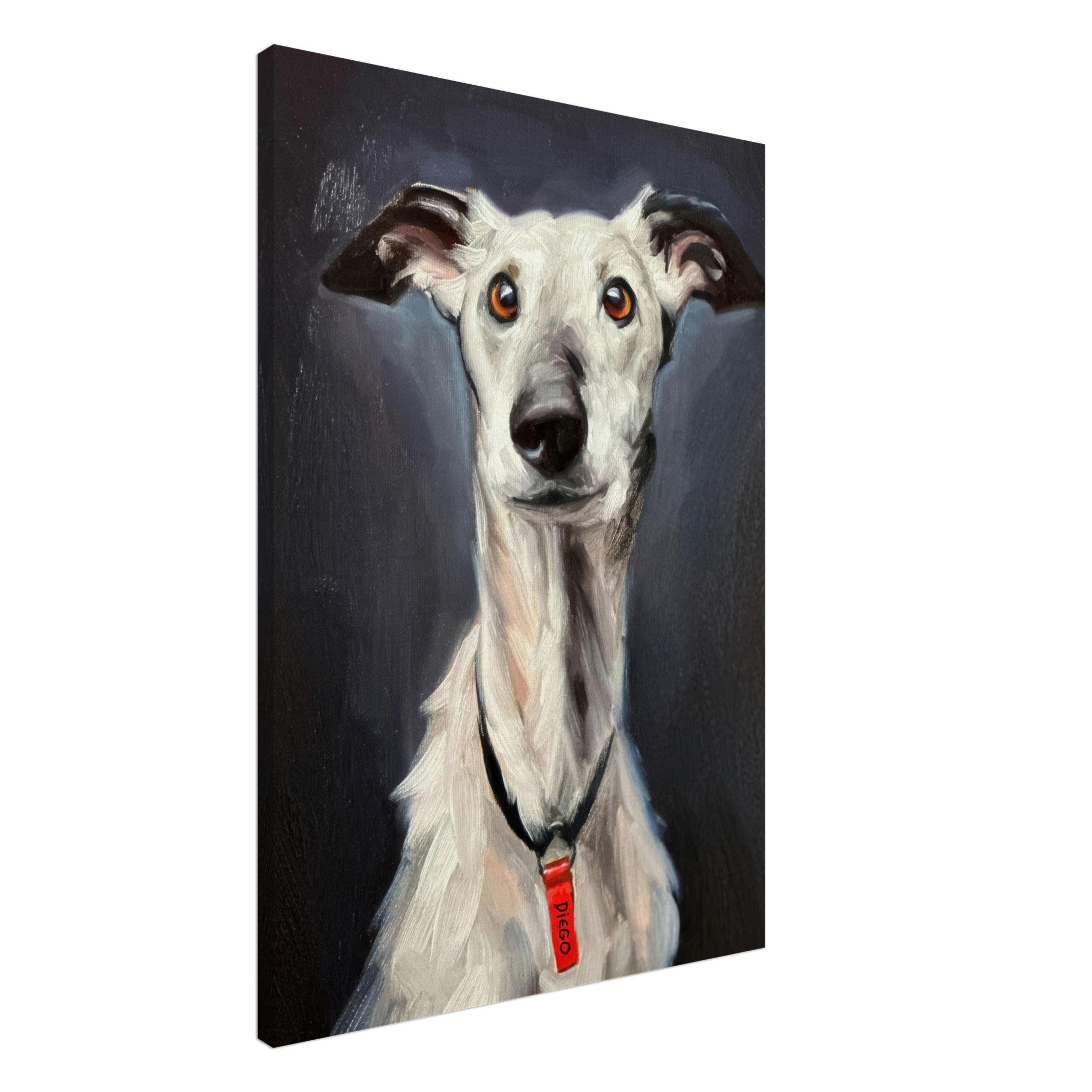 Greyhound dog painting canvas print showcasing a detailed portrait with expressive eyes and sleek fur.
