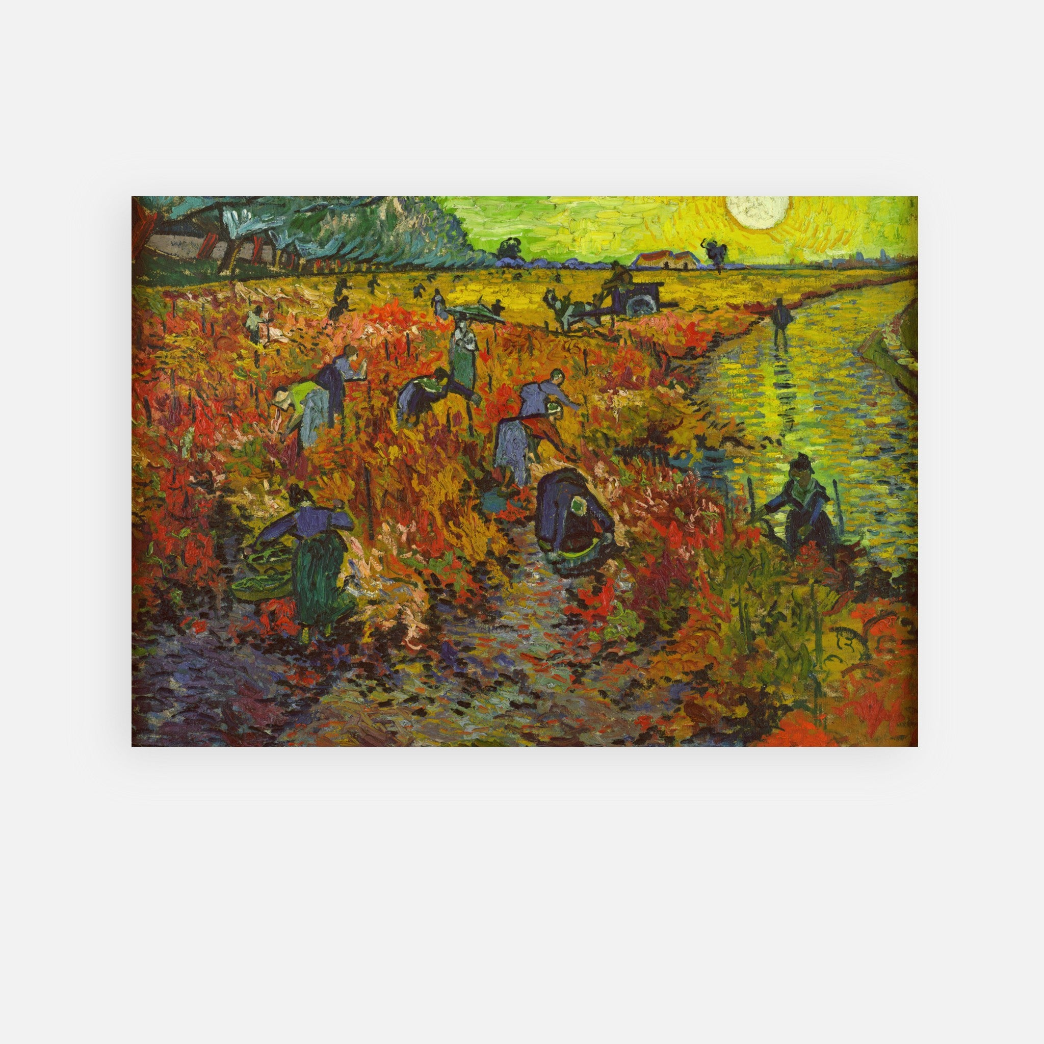 The Red Vineyard by Van Gogh poster, featuring vibrant reds and greens, capturing vineyard workers in golden sunlight.
