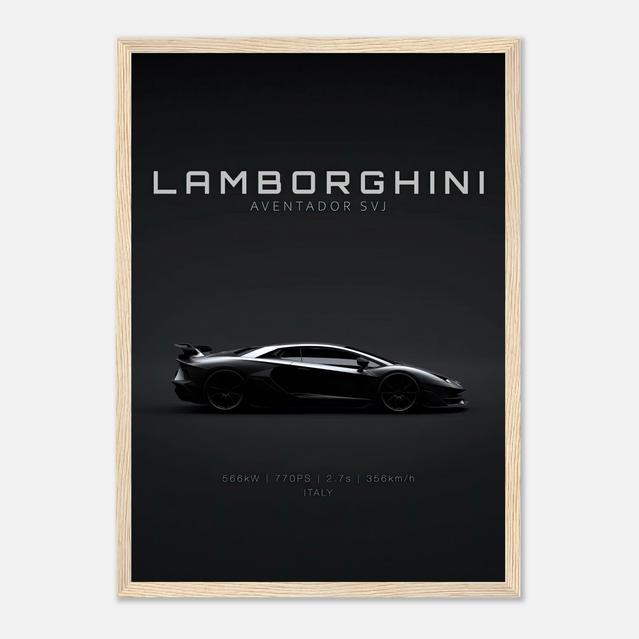 Framed poster of Lamborghini Aventador SVJ showcasing its sleek silhouette and specifications.
