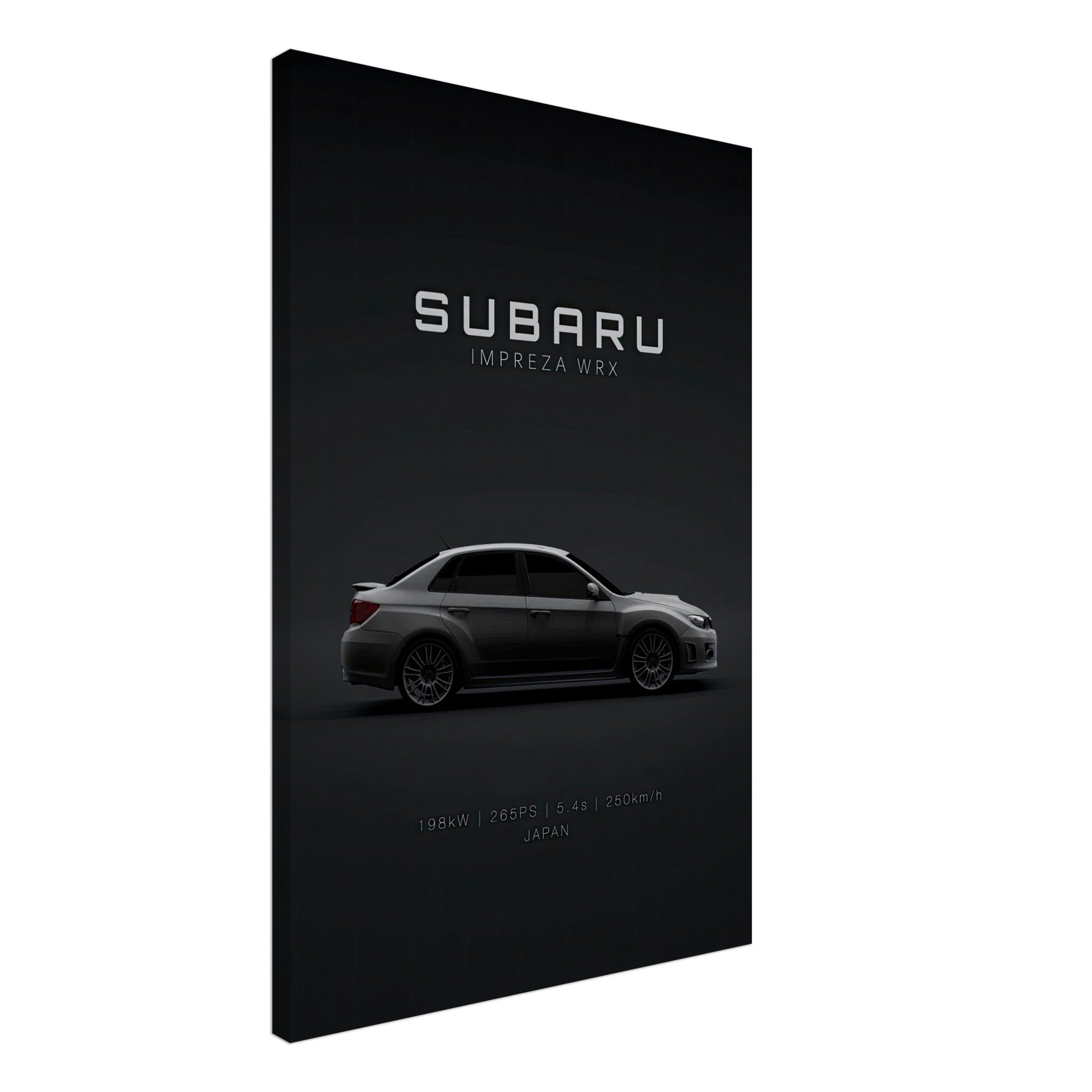 Subaru WRX canvas art featuring sleek design and modern black backdrop, perfect for car enthusiasts.