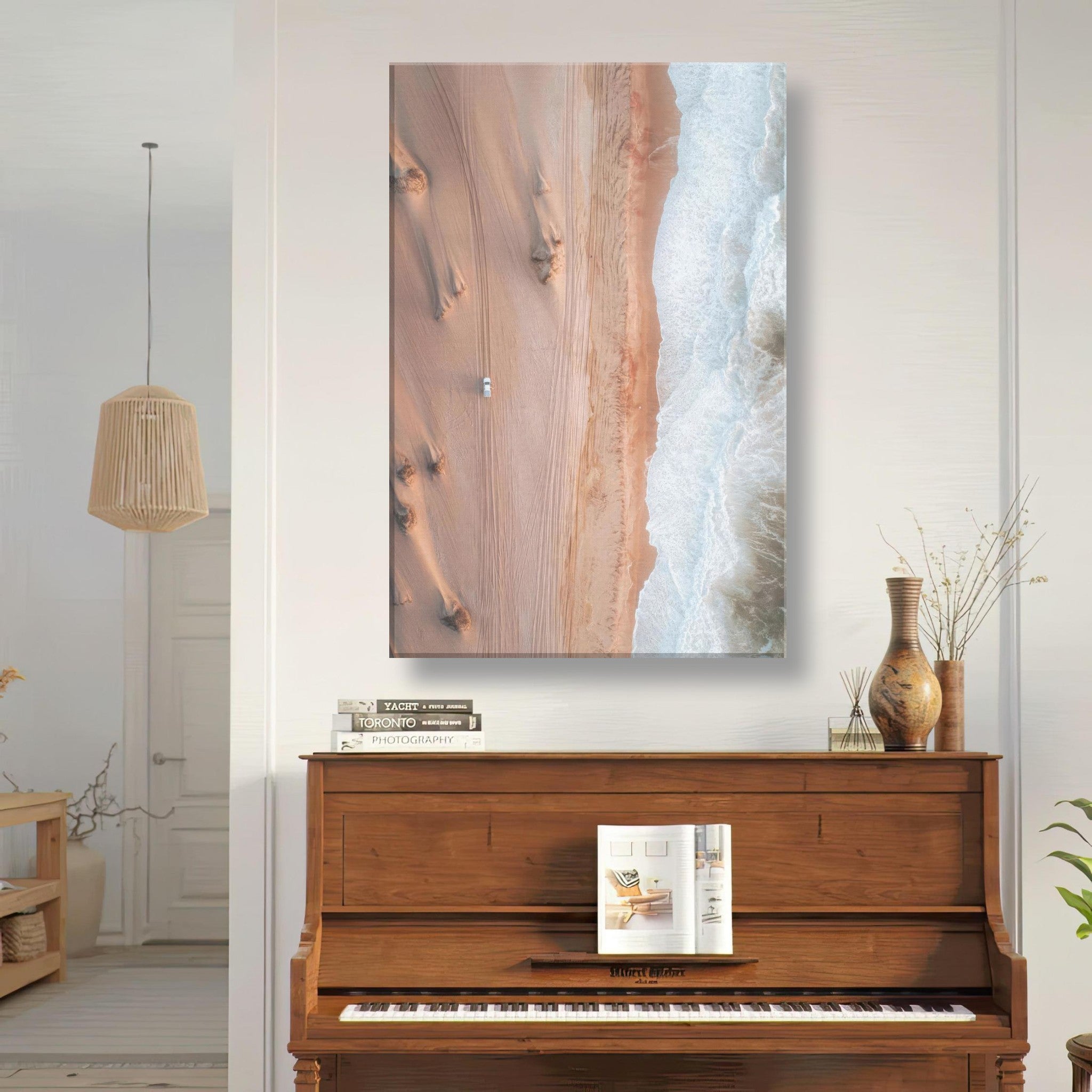 Drone photography canvas print of desert meeting ocean, showcasing stunning aerial textures and colors.