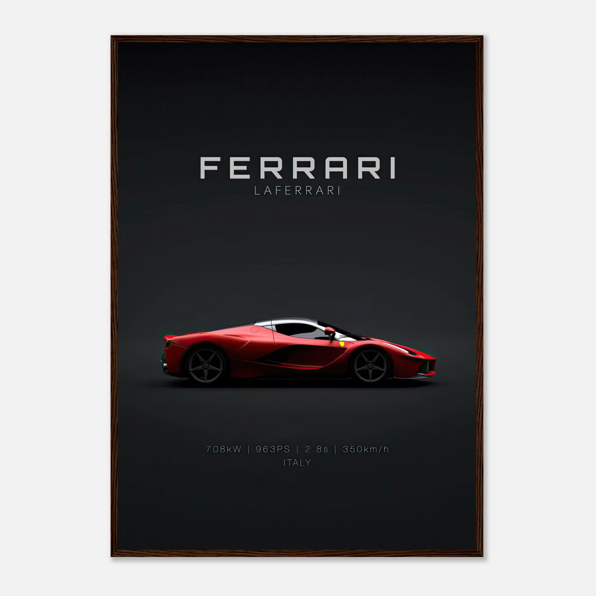 Ferrari Laferrari framed poster showcasing the iconic red hypercar against a sleek dark background.