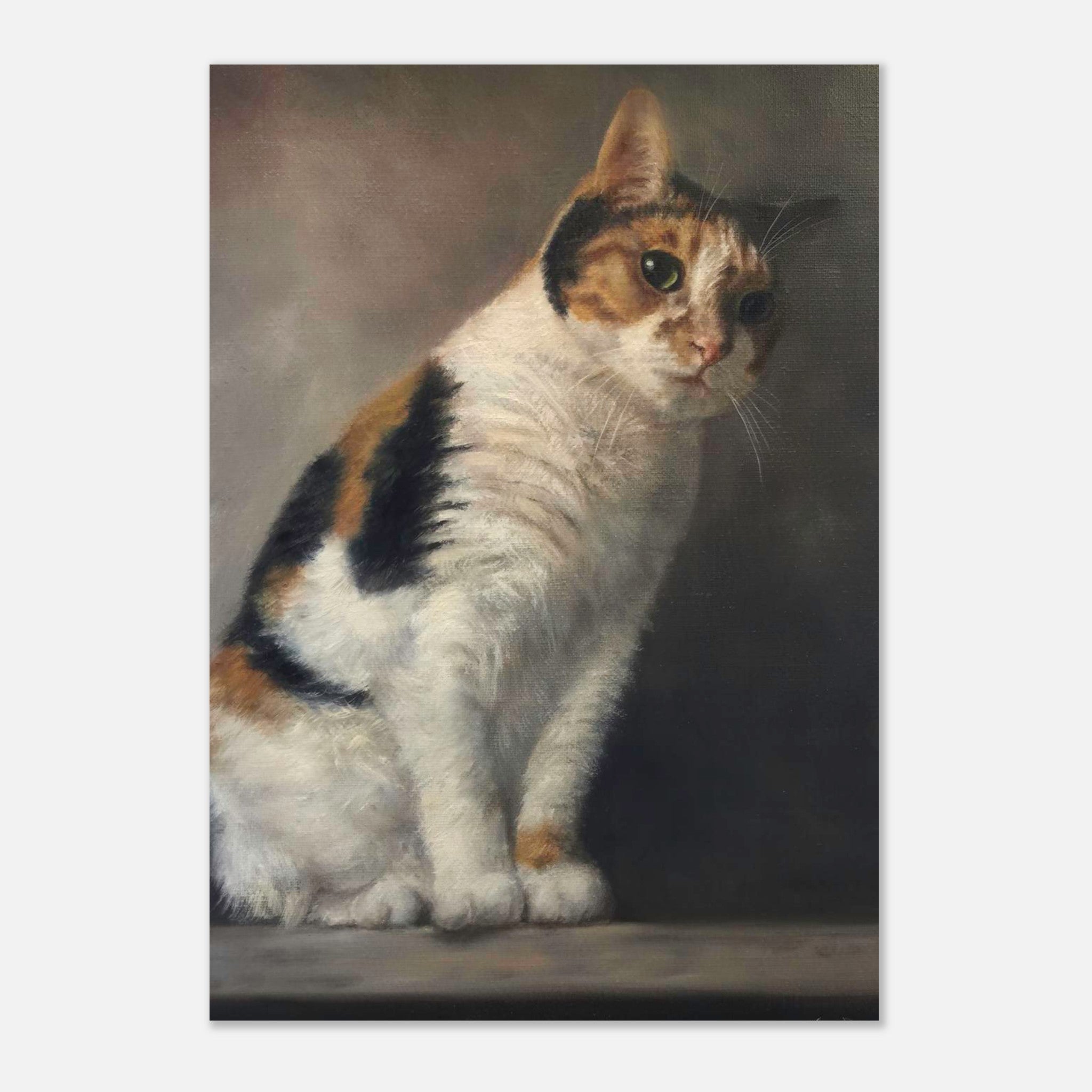 Realistic cat portrait painting on metal print, showcasing detailed fur and expressive eyes against a muted background.