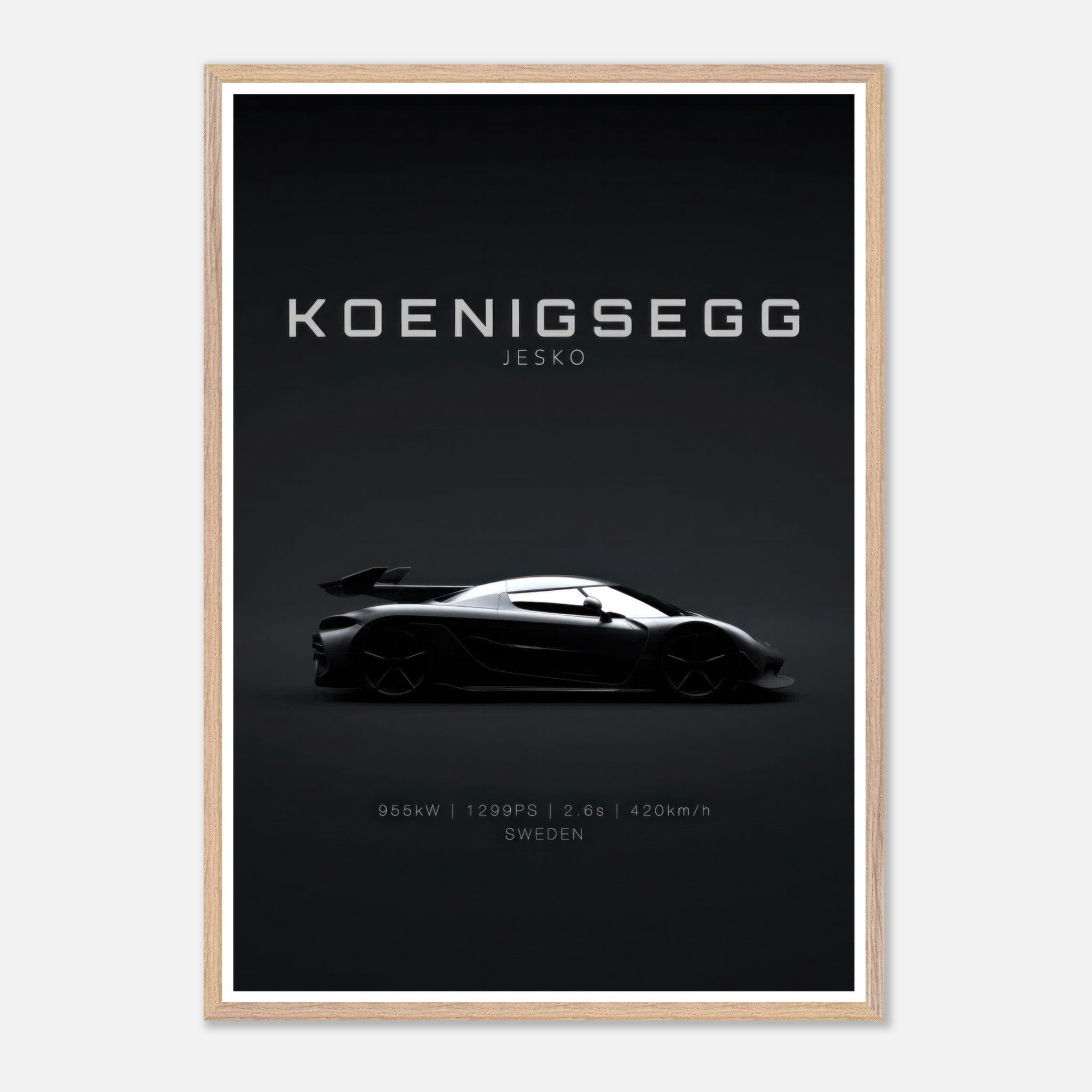 Framed art of Koenigsegg Jesko showcasing its sleek design and specifications against a black background.