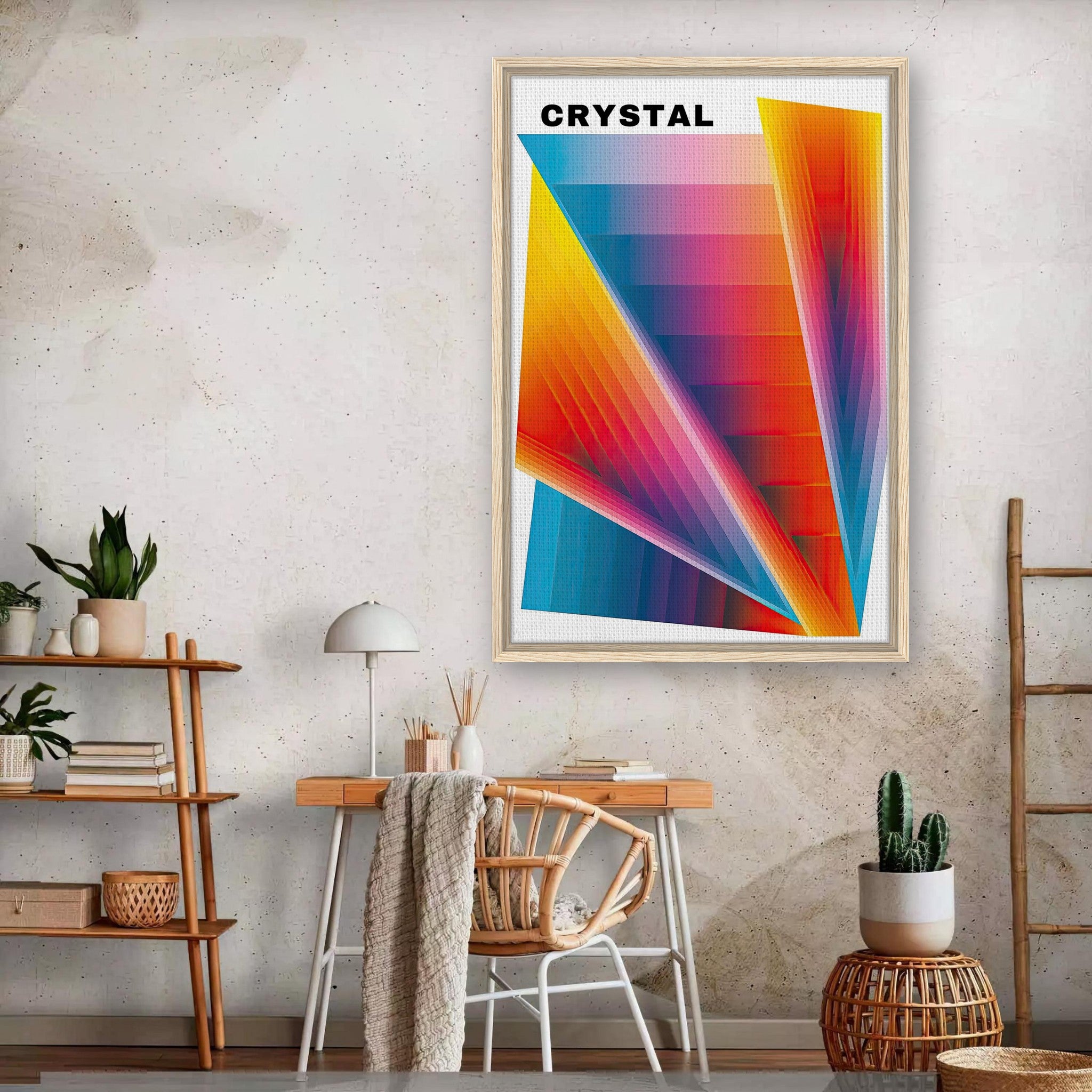 Colorful Crystal Abstract Art Framed Canvas Print on wall in a modern room design.