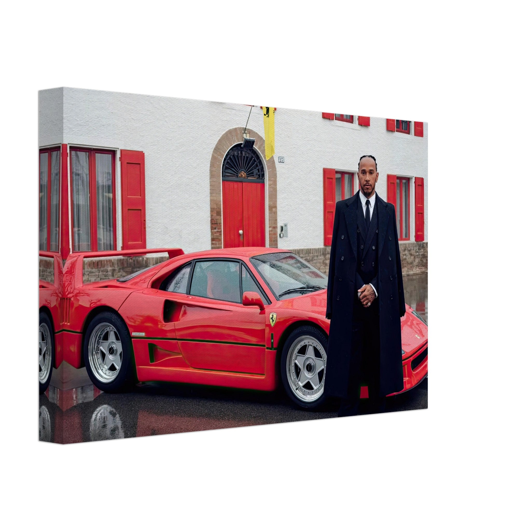 Lewis Hamilton beside a red Ferrari F40 in front of Enzo Ferrari's house, captured in canvas art.