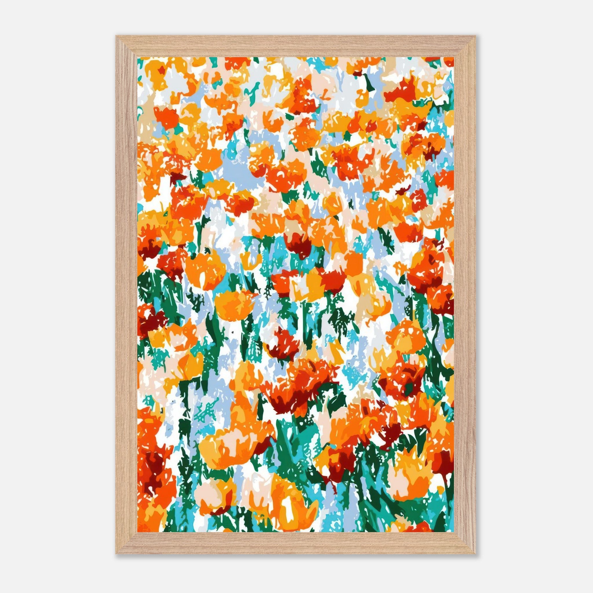 Vibrant abstract floral tulip garden artwork with dynamic colors and bold strokes in a framed design.