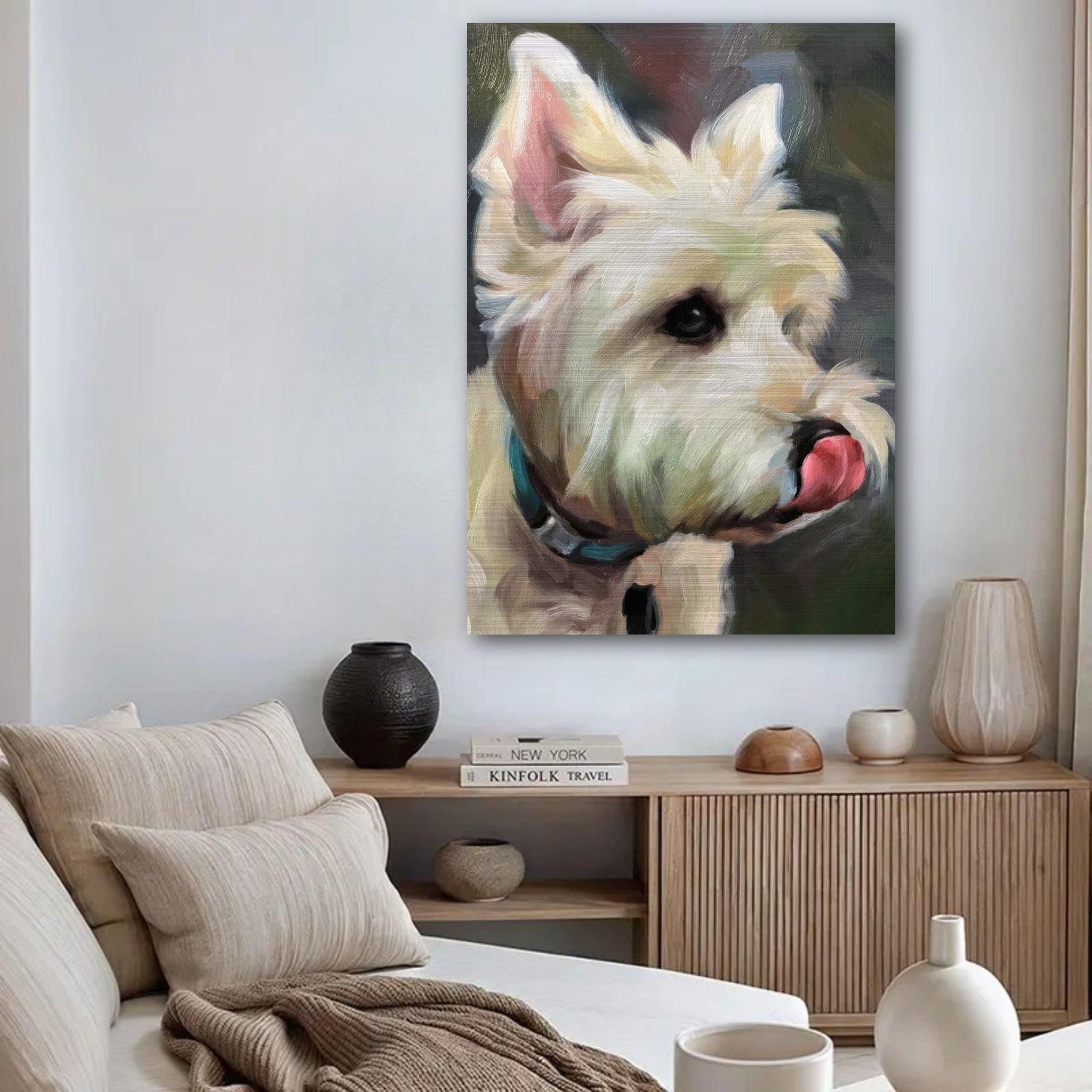 Lifelike Westie dog painting on brushed metal hanging in a modern living room, showcasing playful expression.