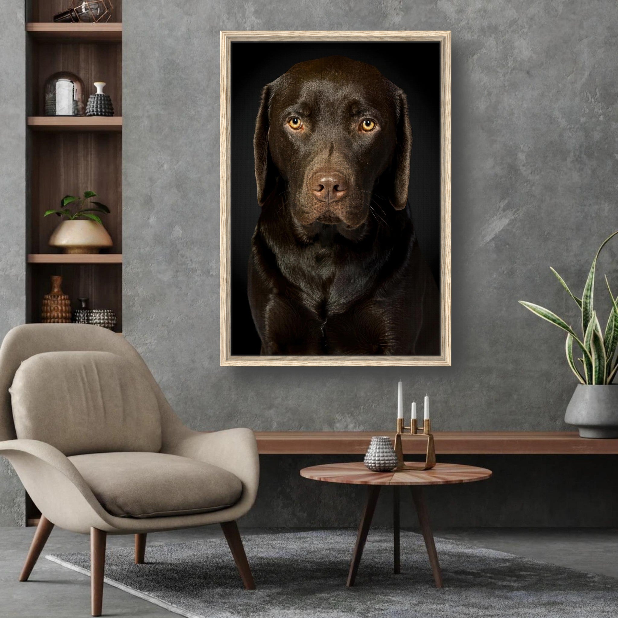 Framed portrait of a Chocolate Labrador showcasing its soulful gaze in a stylish living room setting.