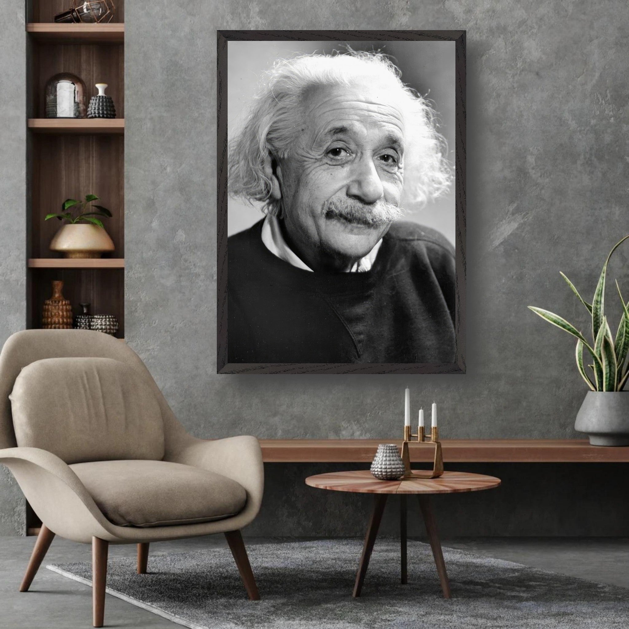 Black-and-white fine art print of Albert Einstein from 1946, showcasing his warm expression and iconic hairstyle.