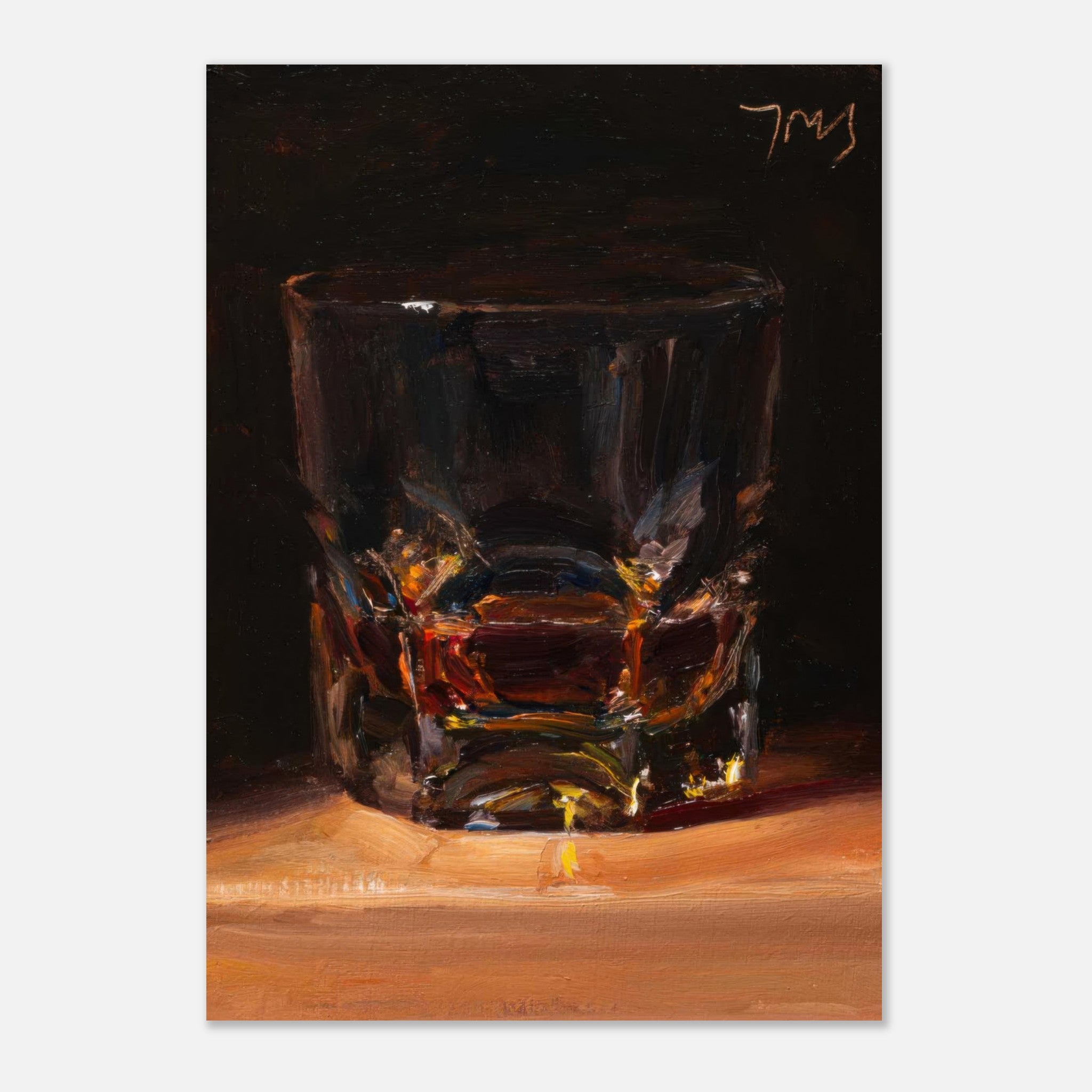Whiskey oil painting poster featuring a glass filled with amber whiskey on a dark background, ideal for home or restaurant decor.