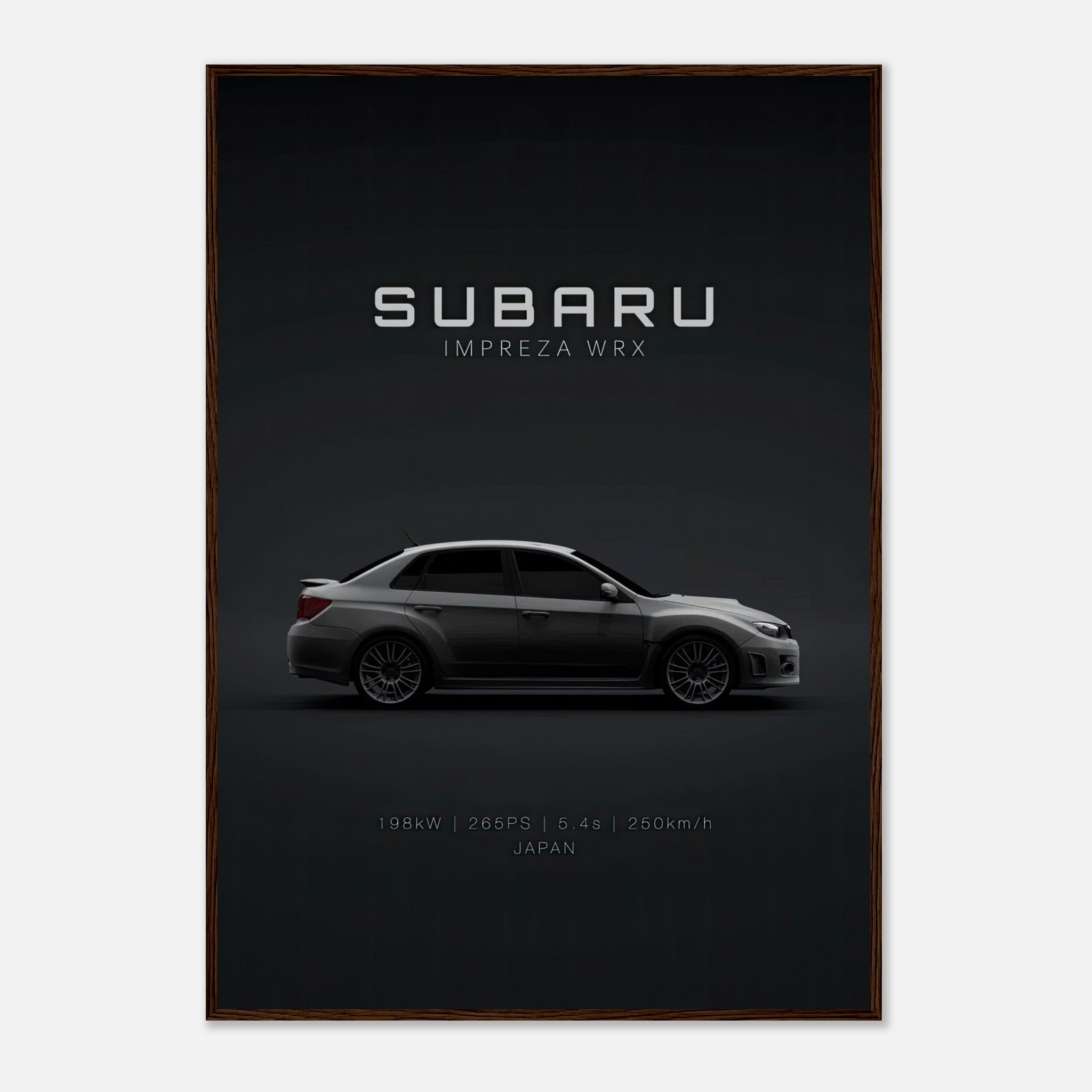 Subaru Impreza WRX framed poster showcasing sleek design against a dark background, ideal for car enthusiasts.