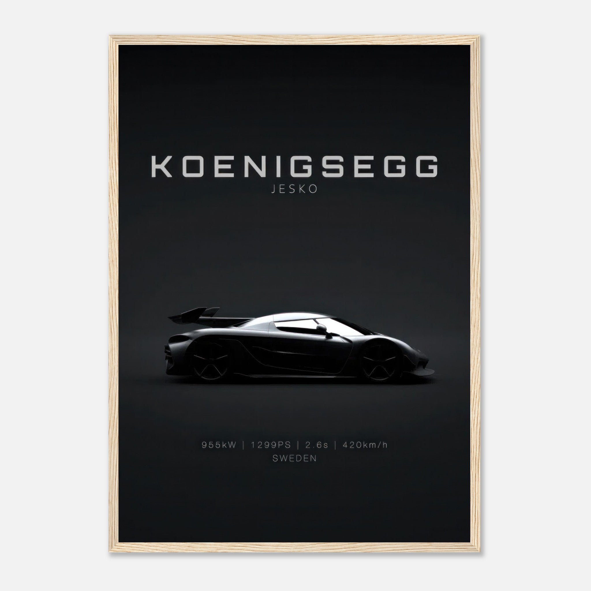 Koenigsegg Jesko framed poster showcasing sleek silhouette and automotive design on a black background.