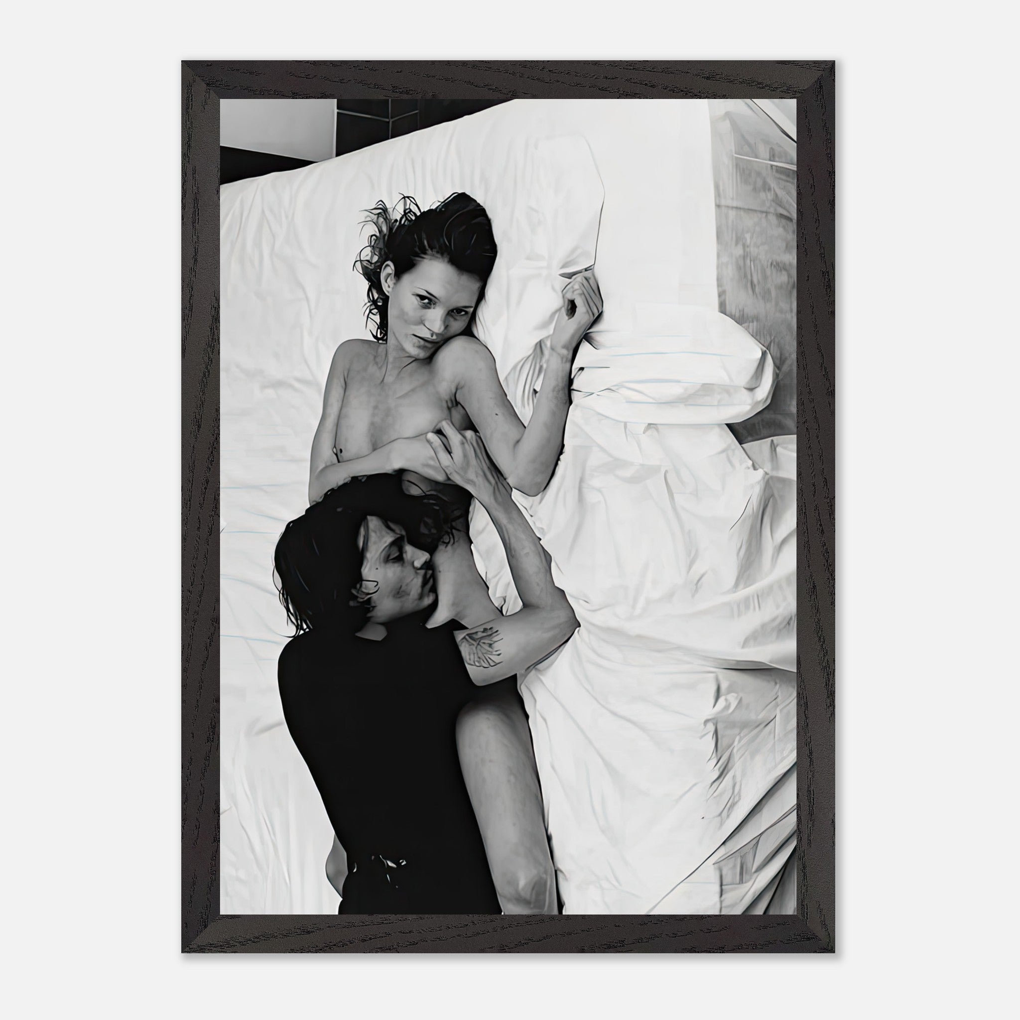 Vintage framed print of Kate Moss and Johnny Depp in New York, 1994, capturing iconic style and raw passion.