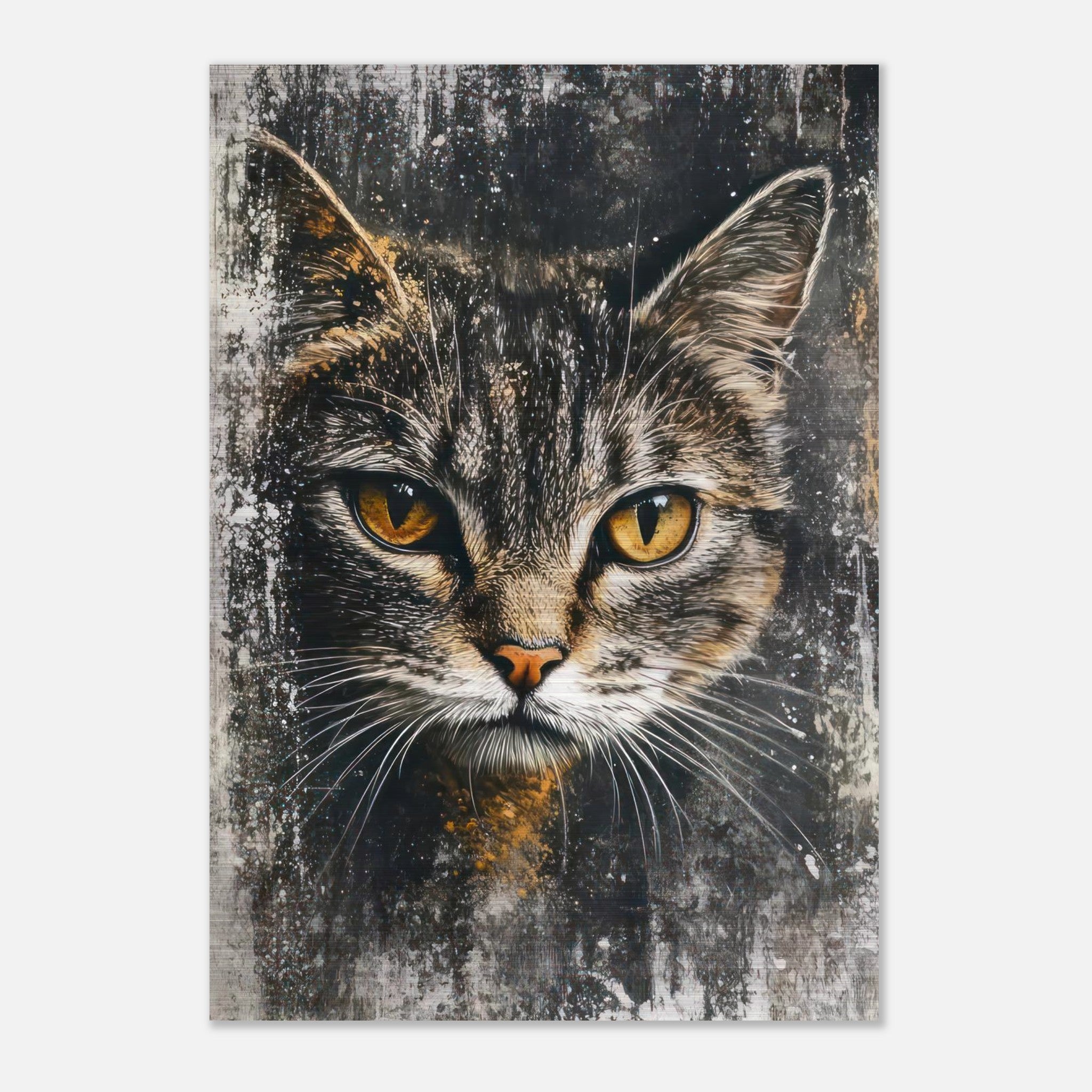 Close-up of a lifelike cat painting on brushed metal, showcasing intricate details and vibrant colors.