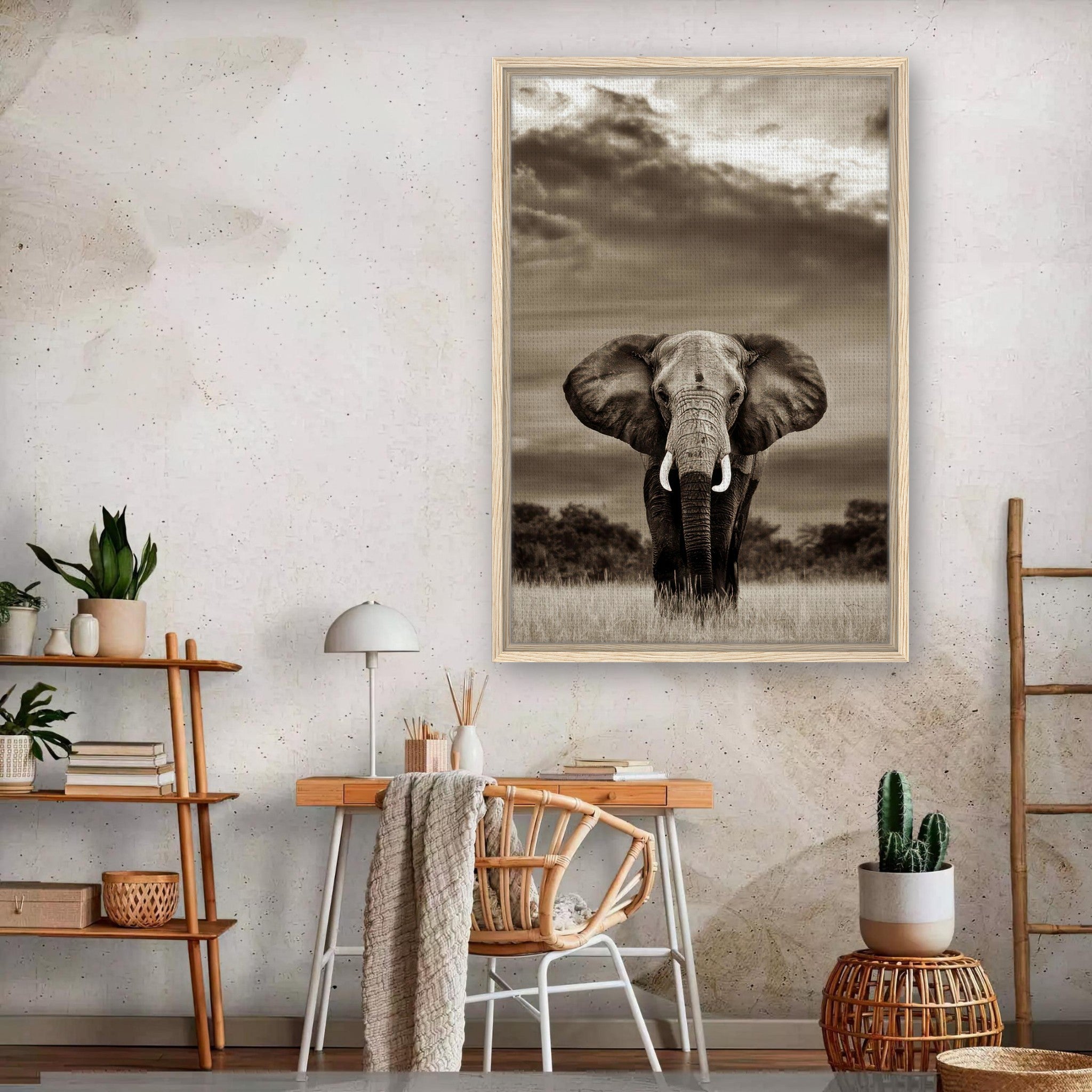 Stunning framed canvas print of an elephant portrait in monochrome, adding elegance to any room.