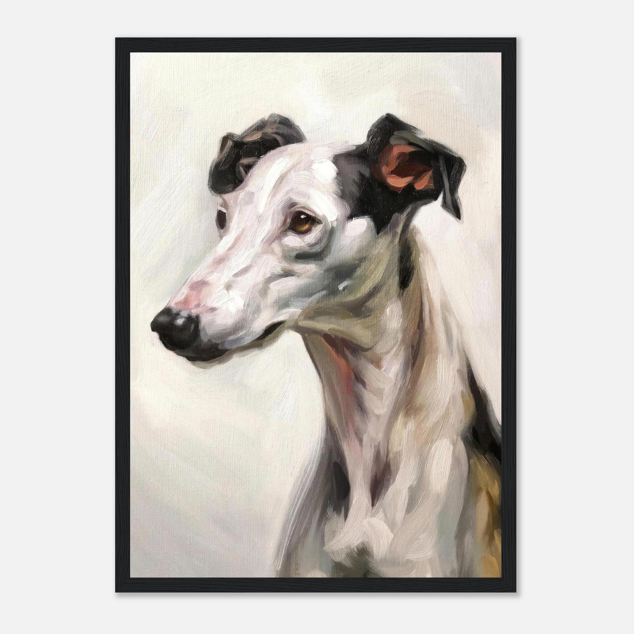 Framed painting of a Greyhound dog, highlighting its elegance and gentle expression with soft brushstrokes.