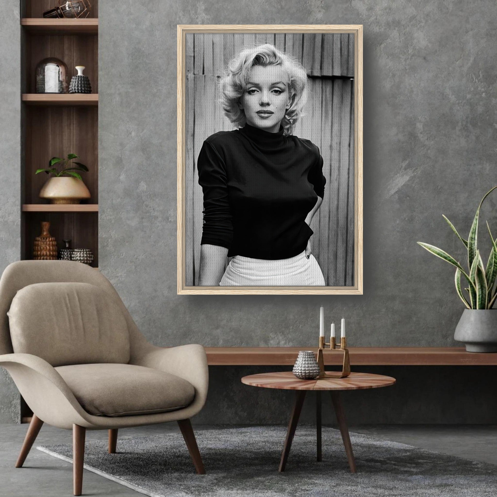 Marilyn Monroe portrait framed black-and-white canvas print in a stylish living room setting.