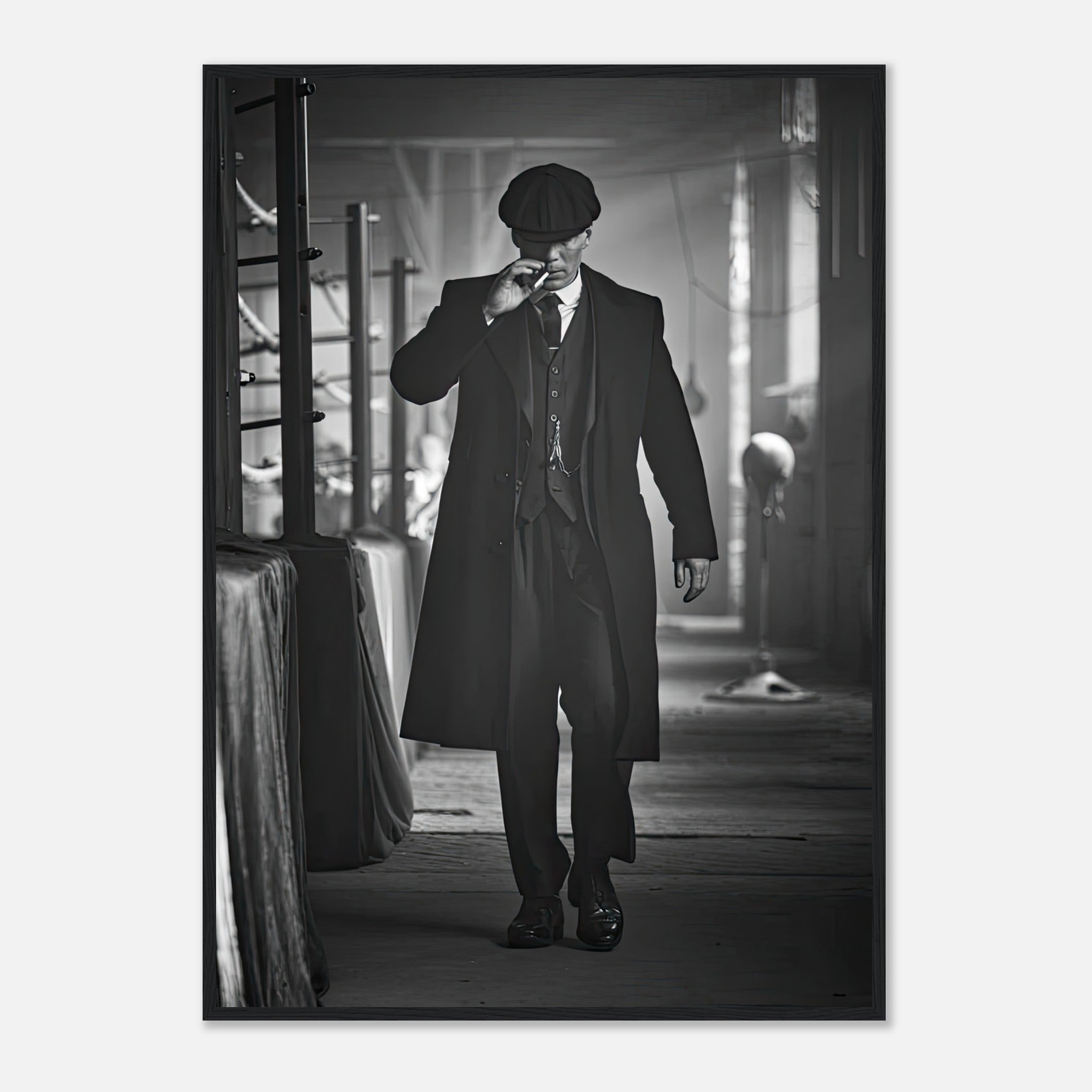 Tommy Shelby from Peaky Blinders in a stylish black-and-white framed print, showcasing 1920s Birmingham fashion.