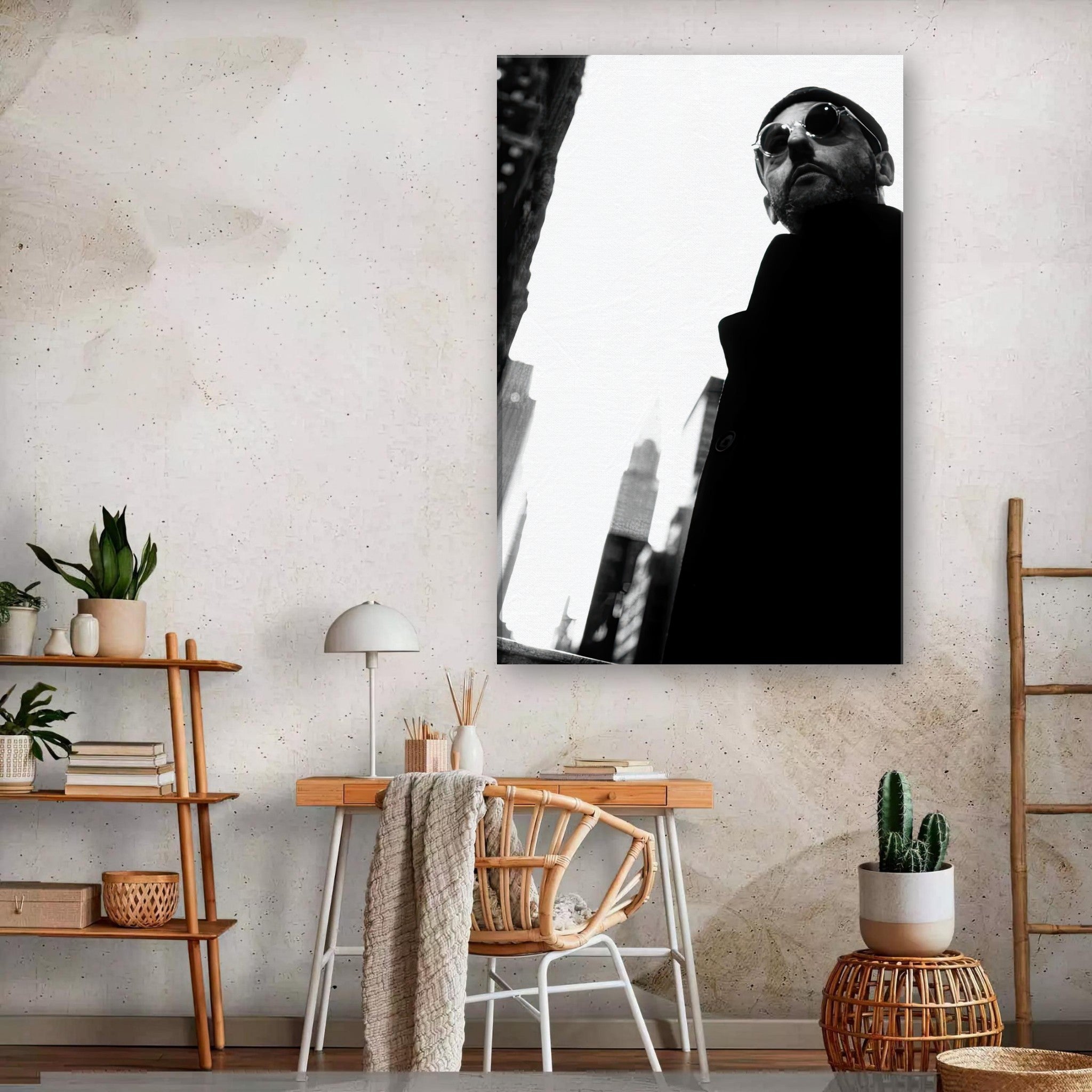 Leon Photography - Jean Reno canvas artwork in black-and-white, showcasing urban architecture and charisma.