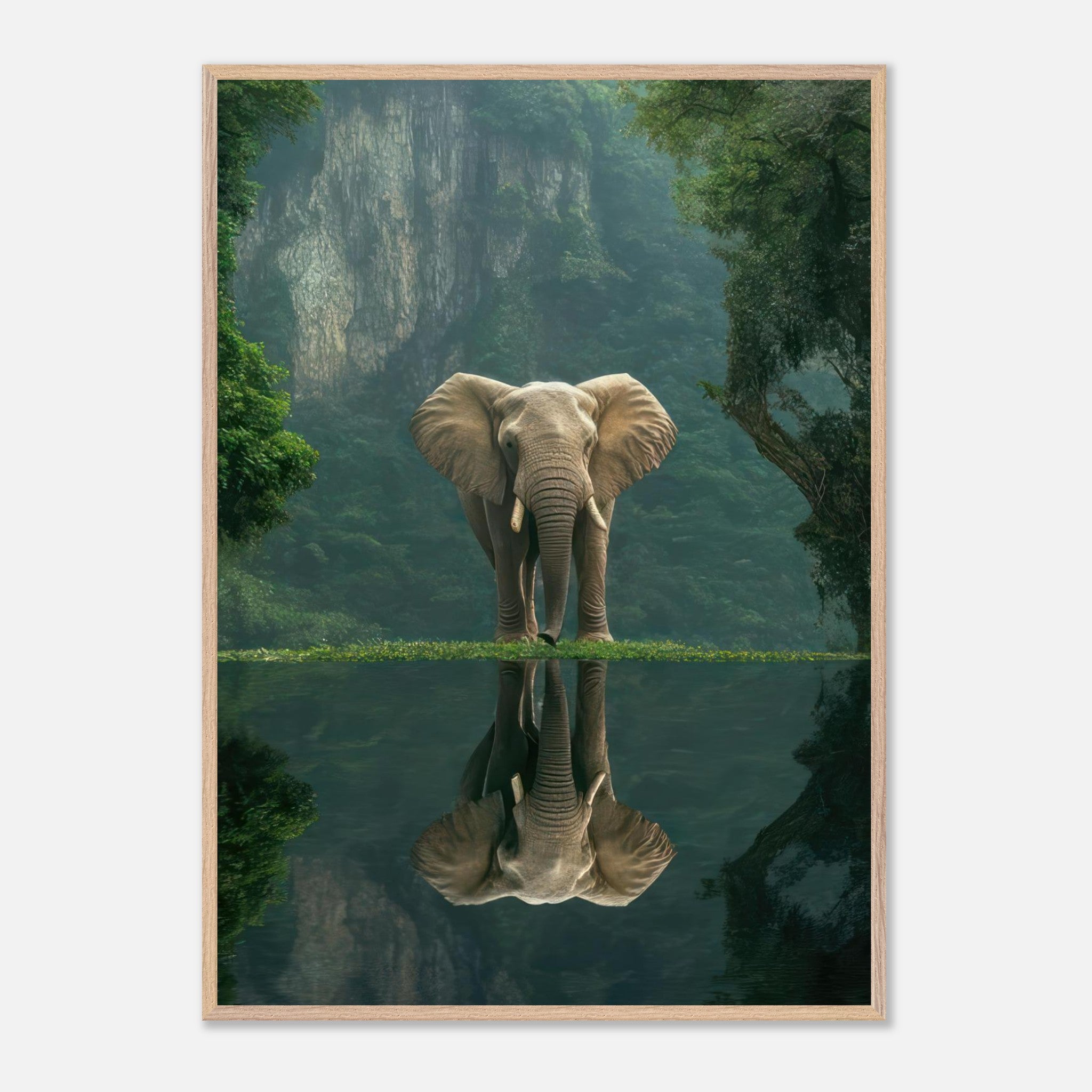 Jungle Elephant Portrait reflecting in tranquil water, surrounded by lush greenery, fine art museum quality piece.