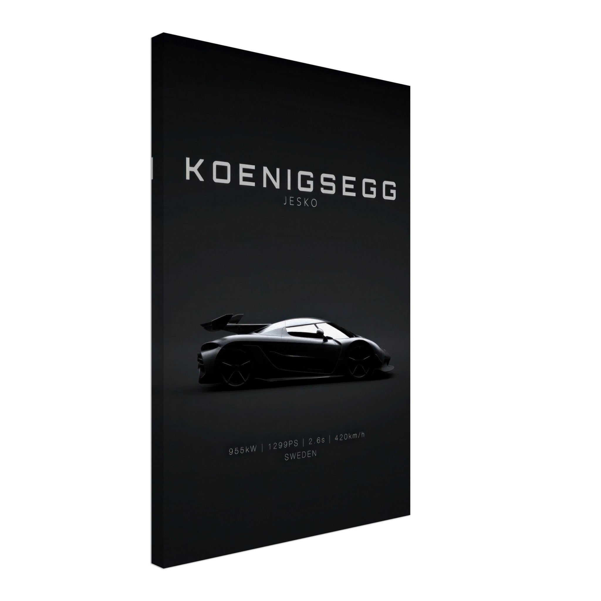Koenigsegg Jesko canvas art featuring a sleek silhouette on a minimal black background, showcasing Swedish engineering.
