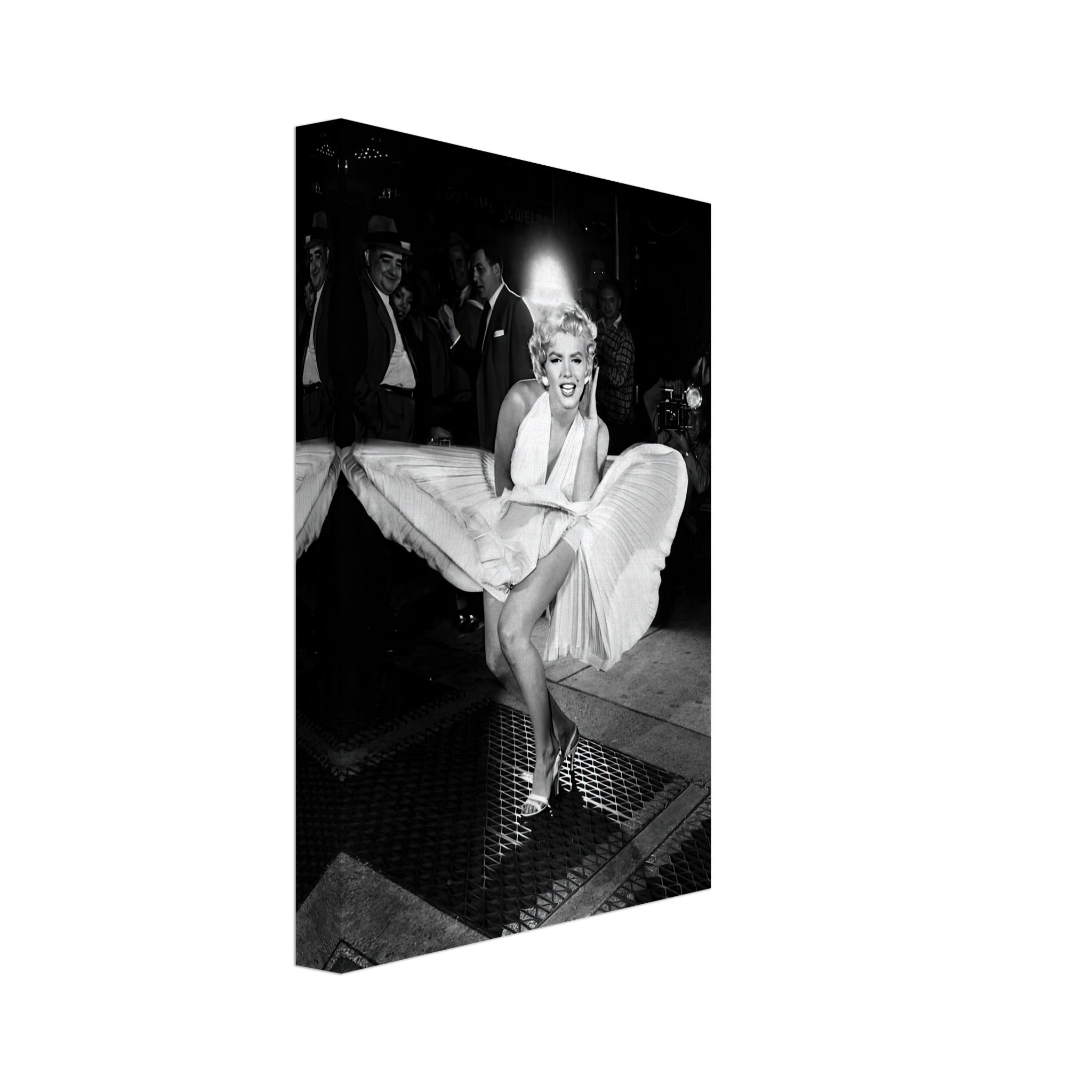 Black-and-white canvas print of Marilyn Monroe in a white dress, wind-blown, showcasing Hollywood glamour.