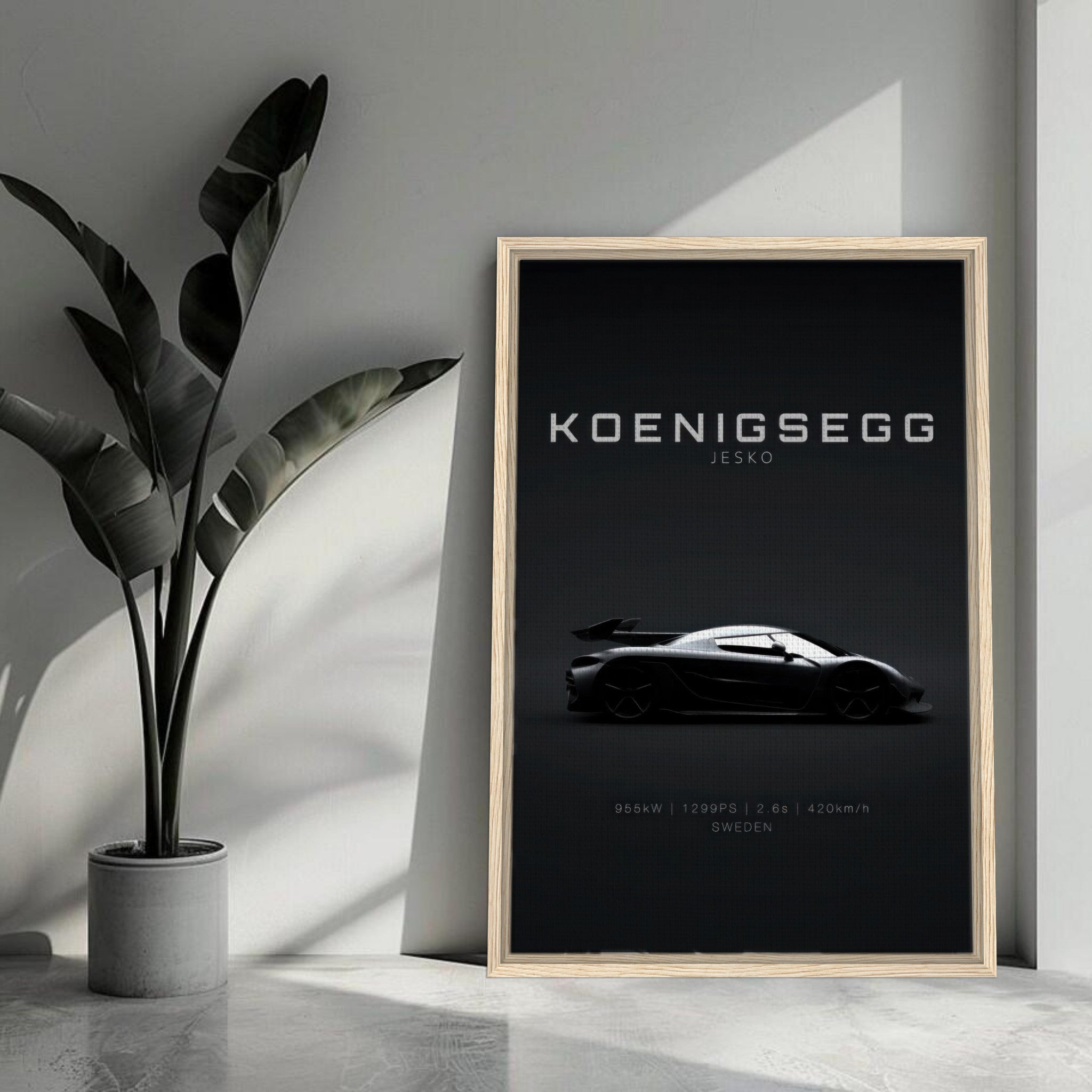 Koenigsegg Jesko framed canvas print showcasing a sleek hypercar silhouette on a minimalist black background.