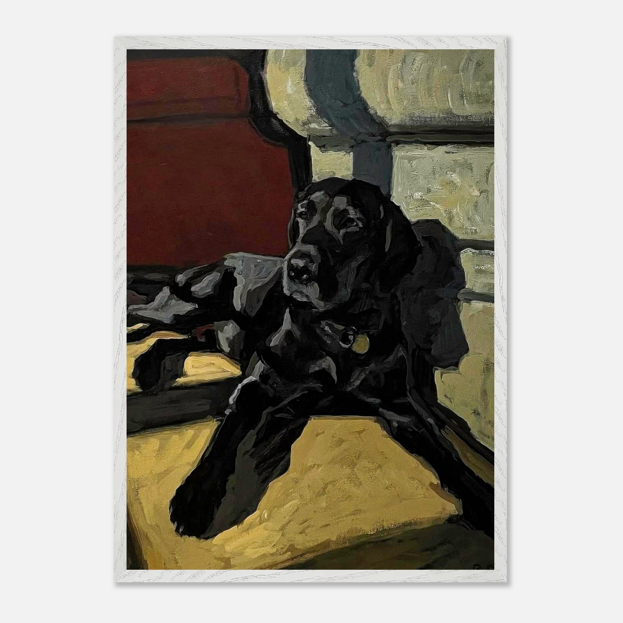 Black Labrador dog painting in vintage frame, showcasing a loyal pet basking in warm light with rich colors.