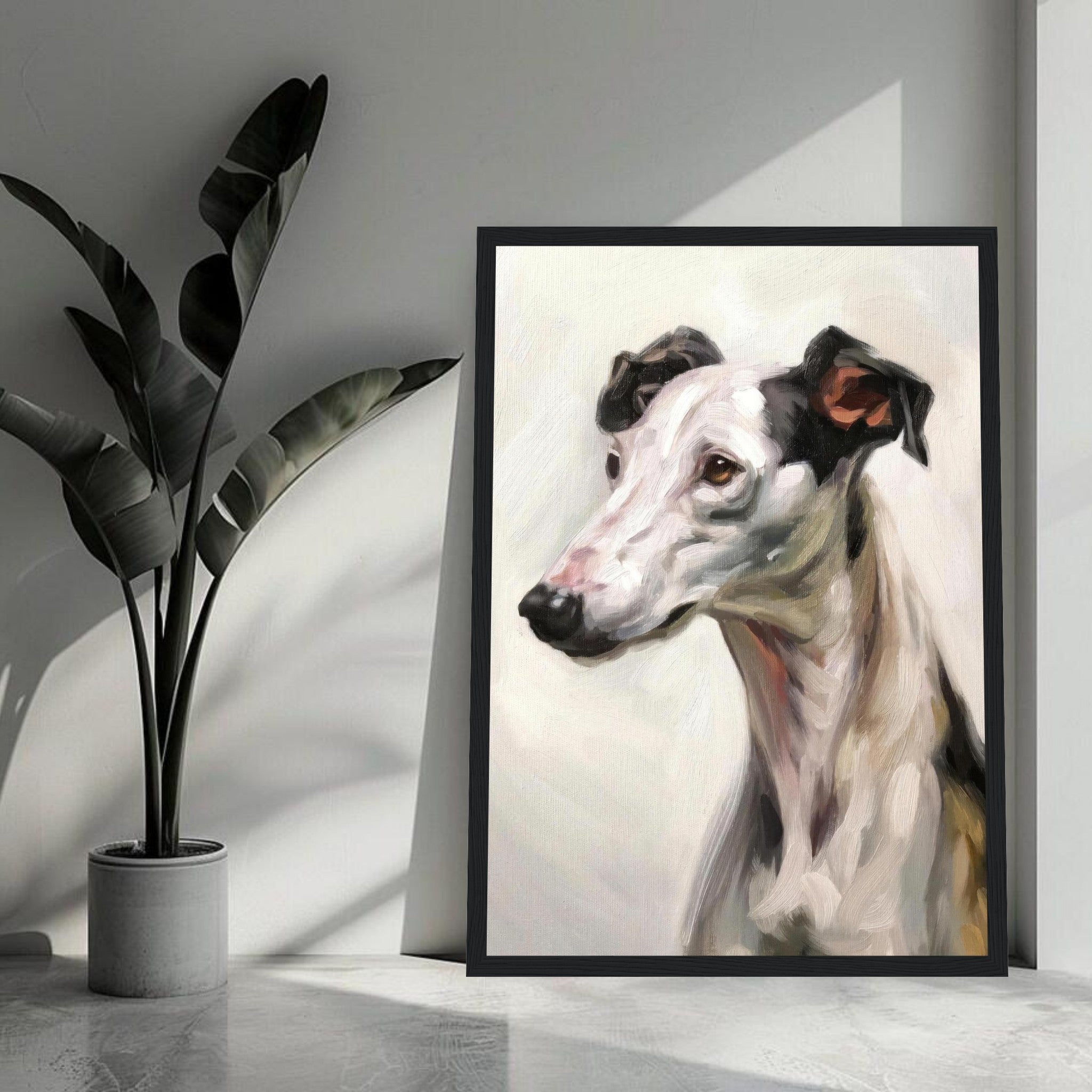 Framed painting of a Greyhound dog highlighting its elegance and grace in a stylish interior setting.
