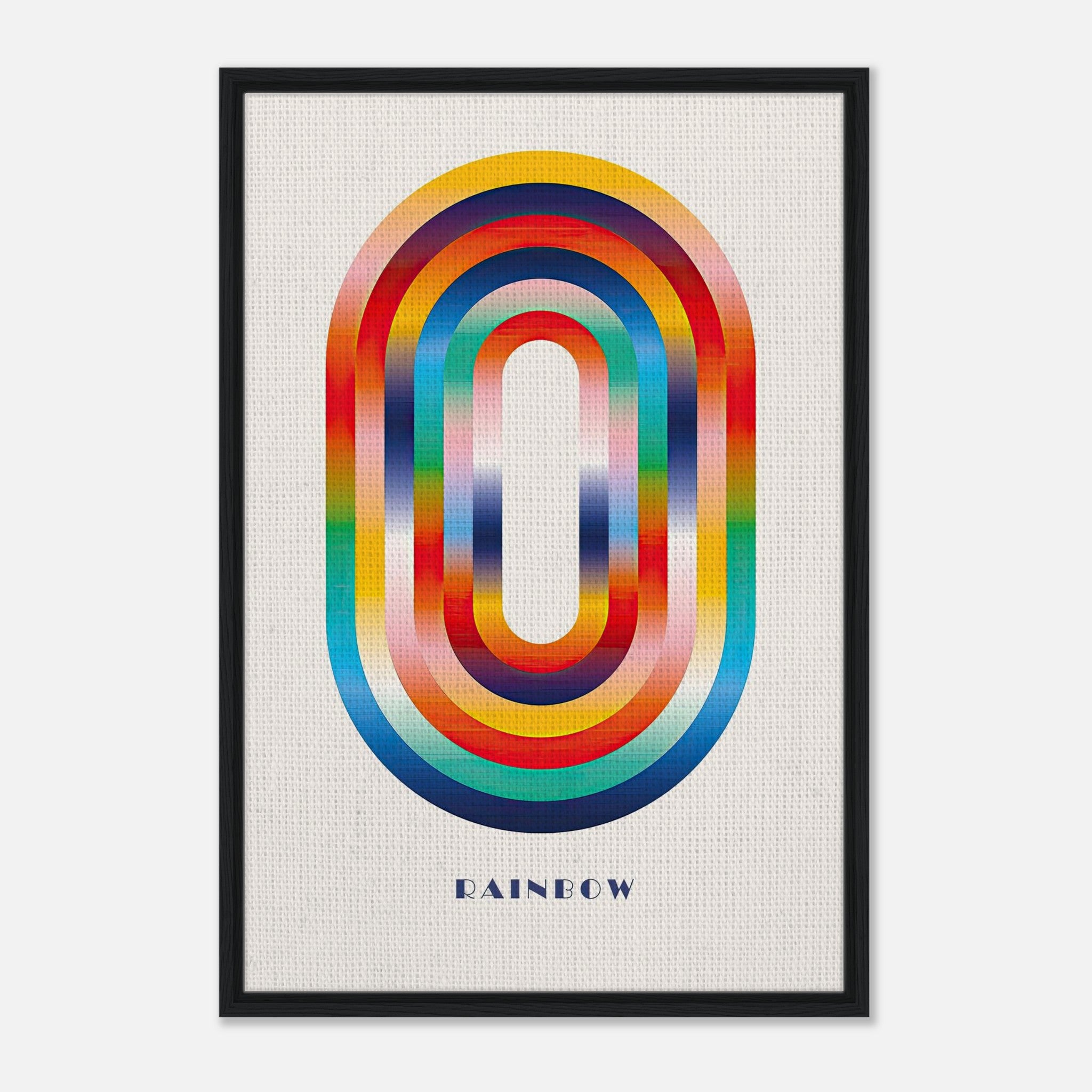 Abstract rainbow geometric art framed canvas print featuring vibrant curved shapes in bold colors.