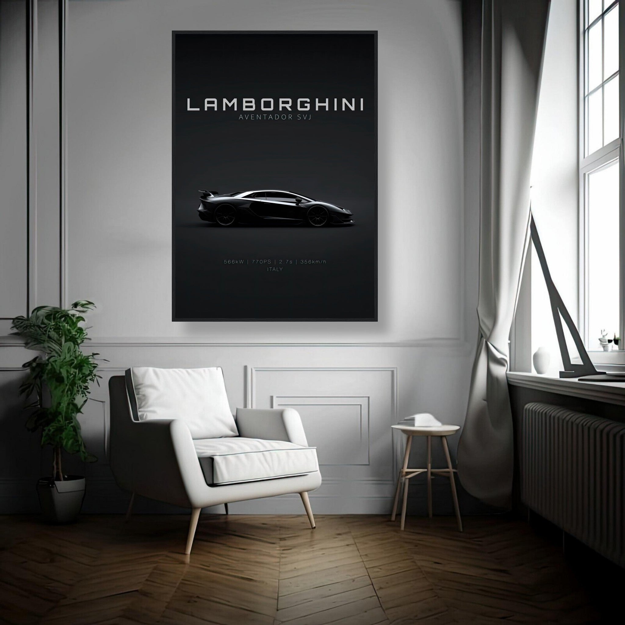Lamborghini Aventador SVJ framed poster displayed in modern interior.