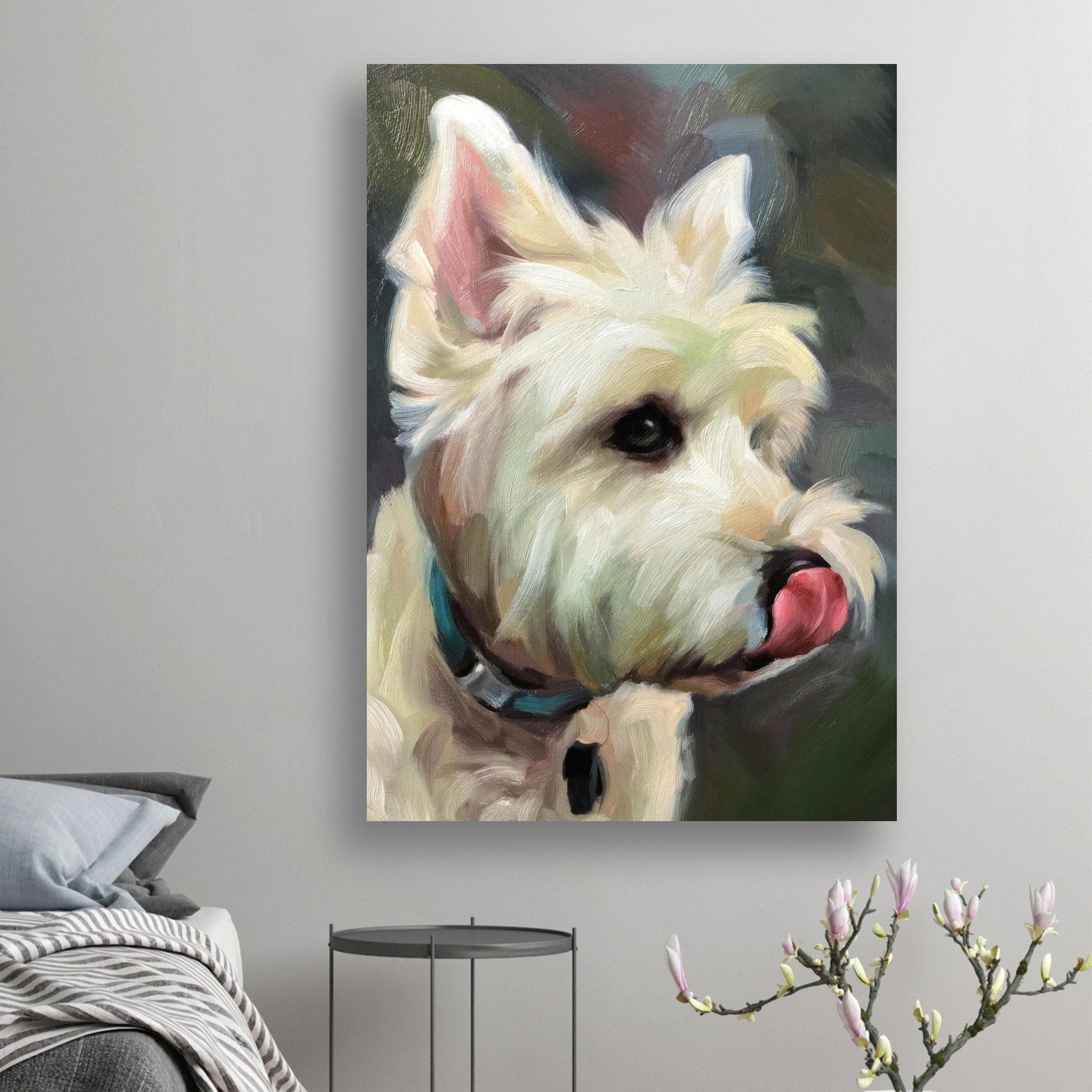 Oil painting of a West Highland White Terrier, showcasing its playful nature and charming expression.