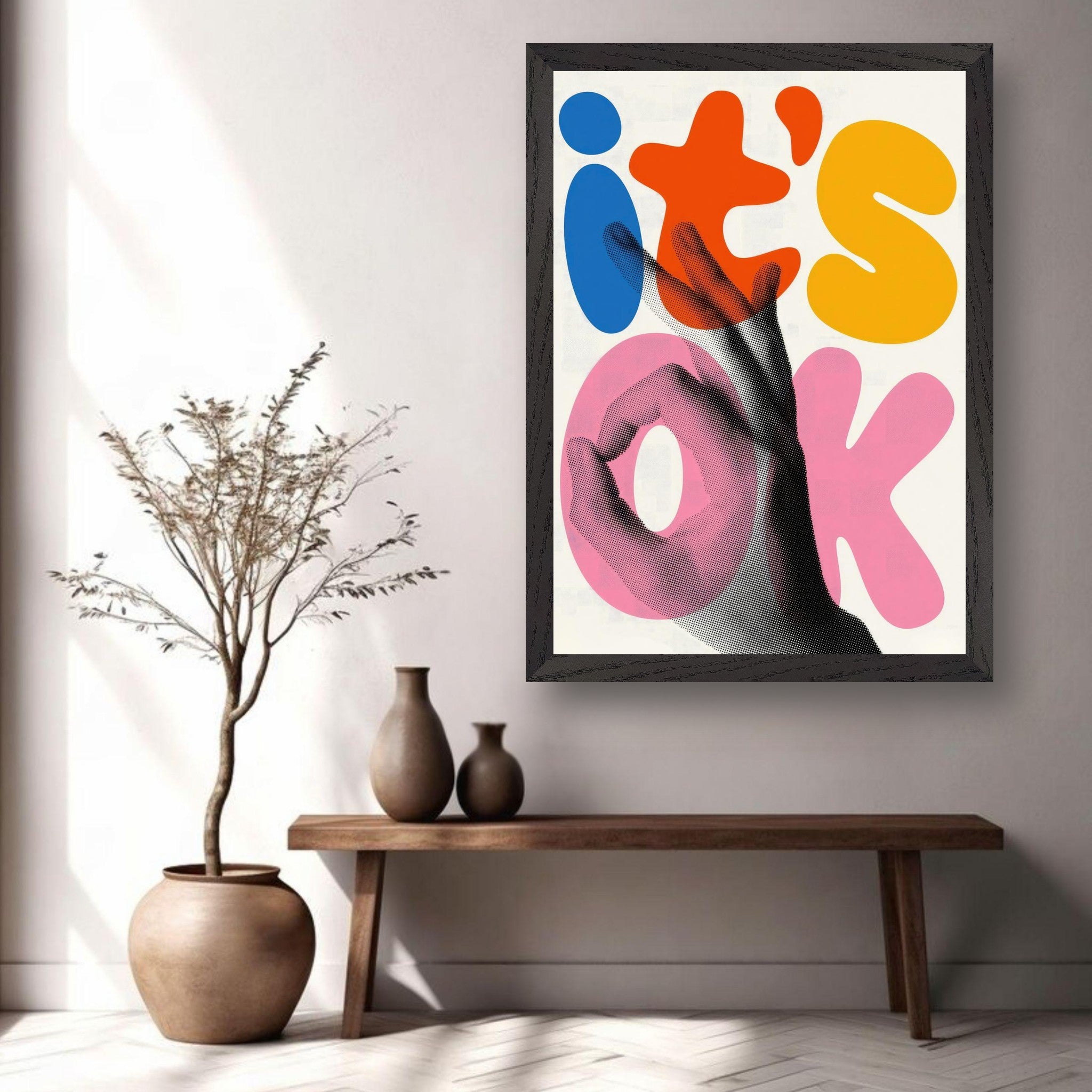 It's Ok retro abstract pop art vintage framed print featuring bold colors and playful typography in a stylish interior.