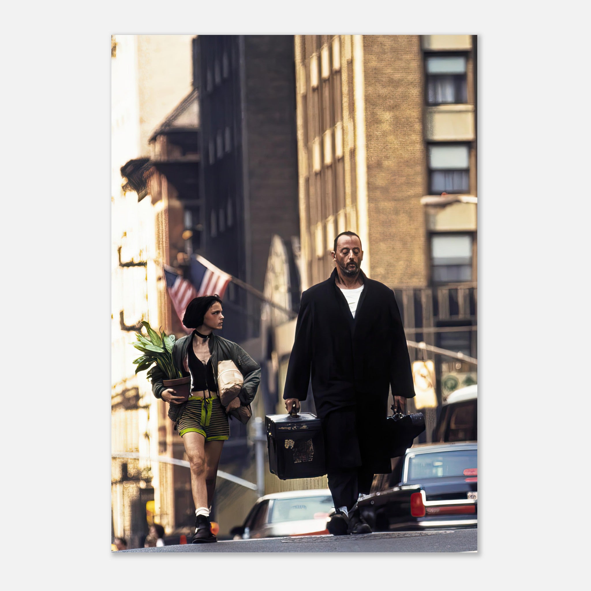 Jean Reno and Natalie Portman walking in New York City scene from Leon poster.